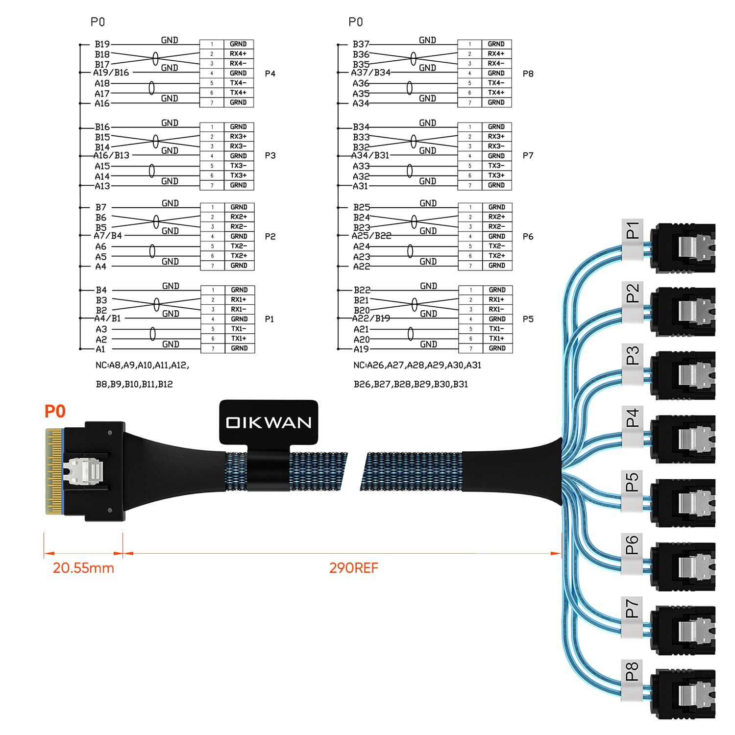 SlimSAS 8i SFF-8654 74P Host/RAID to 8*SATA 7P Target HD