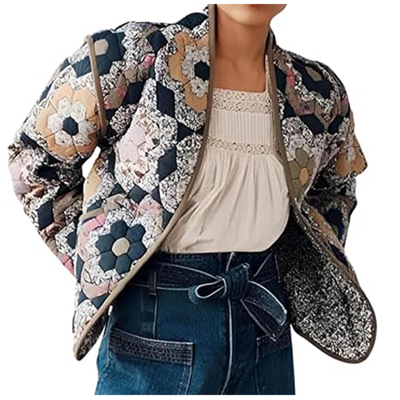 Autumn Winter Warm Cotton Padded Jacket Sweet Floral Open Front Cardigan Ethnic Style Short Quilted Coat