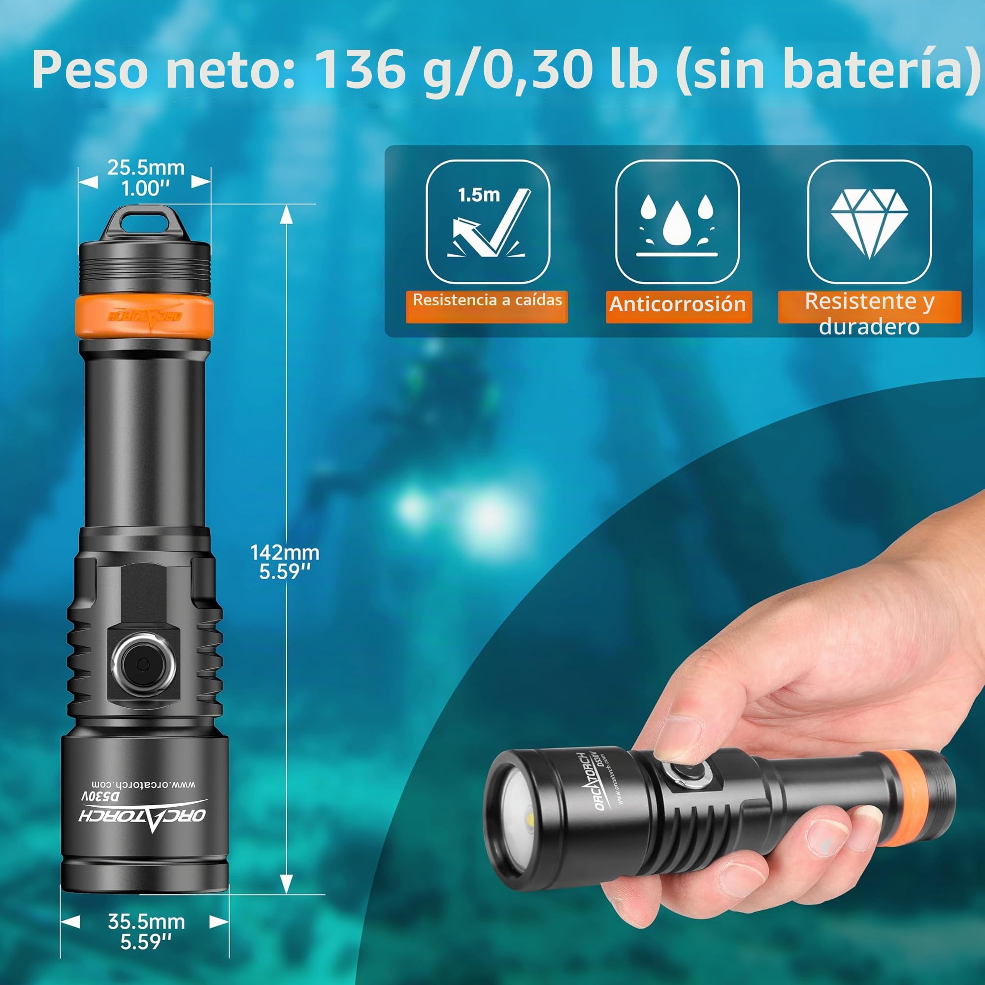 ORCATORCH D530V - Luz de buceo de 1200 lúmenes, haz súper amplio de 140 grados, 150 metros, IP68, con indicador de batería y rótula