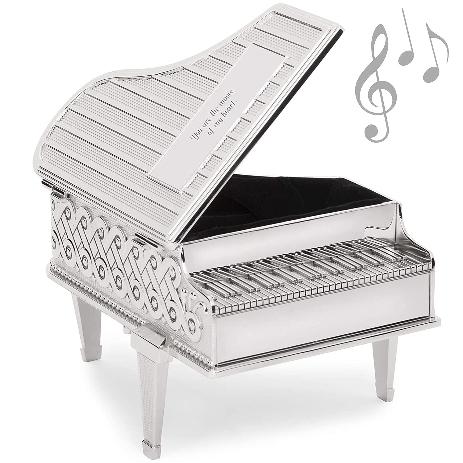 THINGS REMEMBERED Engraved Silver Tone Piano Shaped Music Box (Free Customization)