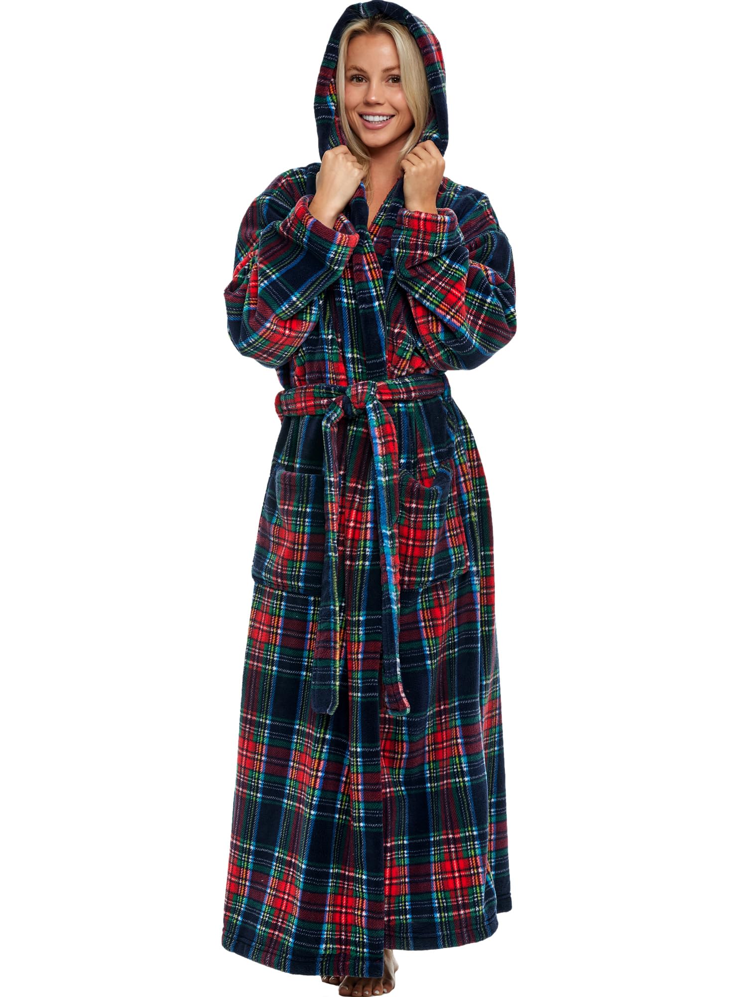 Alexander Del Rossa Plush Fleece Robe for Women, Long Hooded Bathrobe with Hood, Plus Size