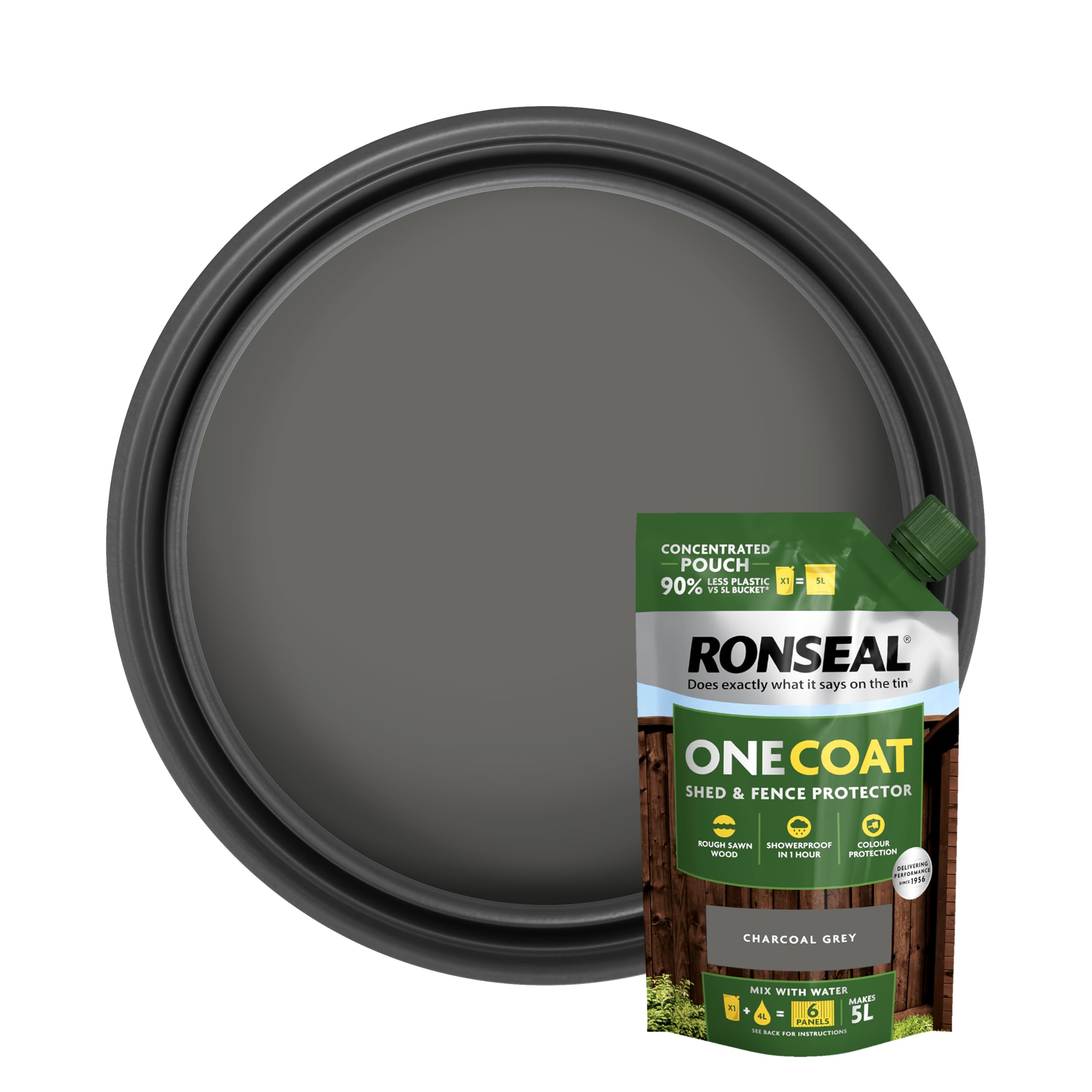 Ronseal One Coat Shed & Fence Refill Pouch Charcoal Grey 950ml Concerntrate - Mix with Water to Make 5 Litres of Paint for Effortless Coverage and Long-Lasting Protection