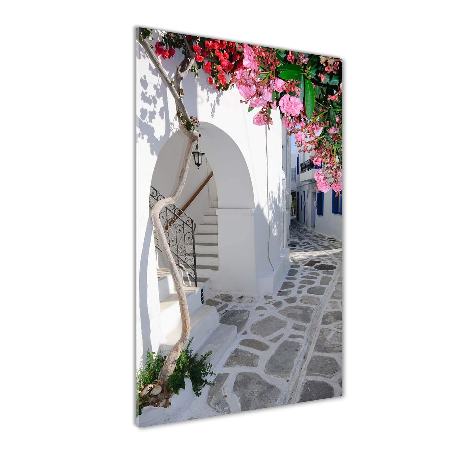 Tableau village grec en peinture sur verre trempé 70x140cm pour agrandir une pièce