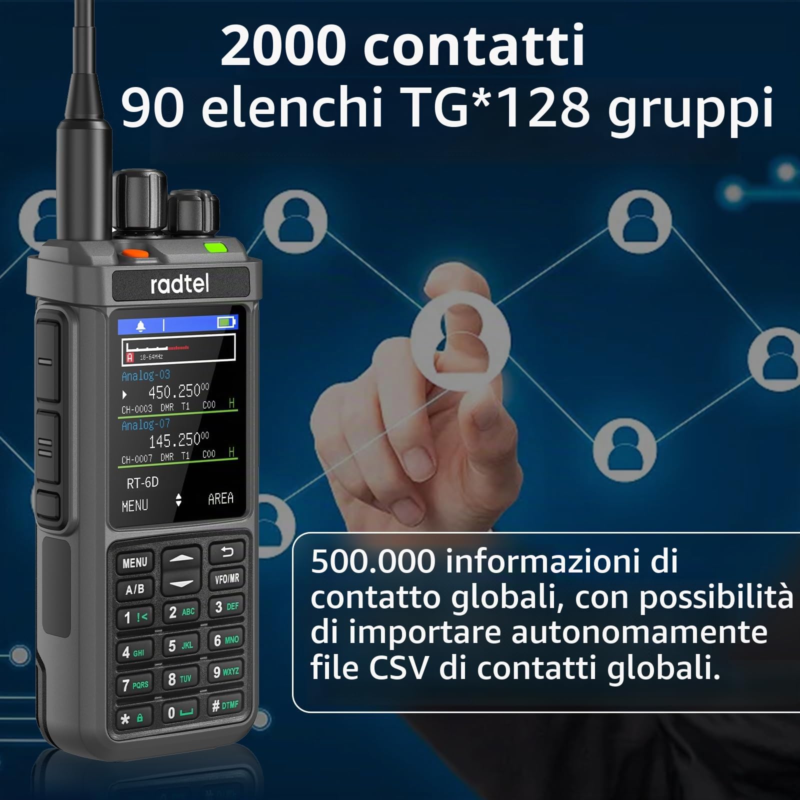 Radio Radtel RT-6D DMR, 500.000 contatti, walkie-talkie a doppia banda, doppio intervallo di tempo, radio bidirezionale, livello 1+2, radio amatoriale, 1024 canali