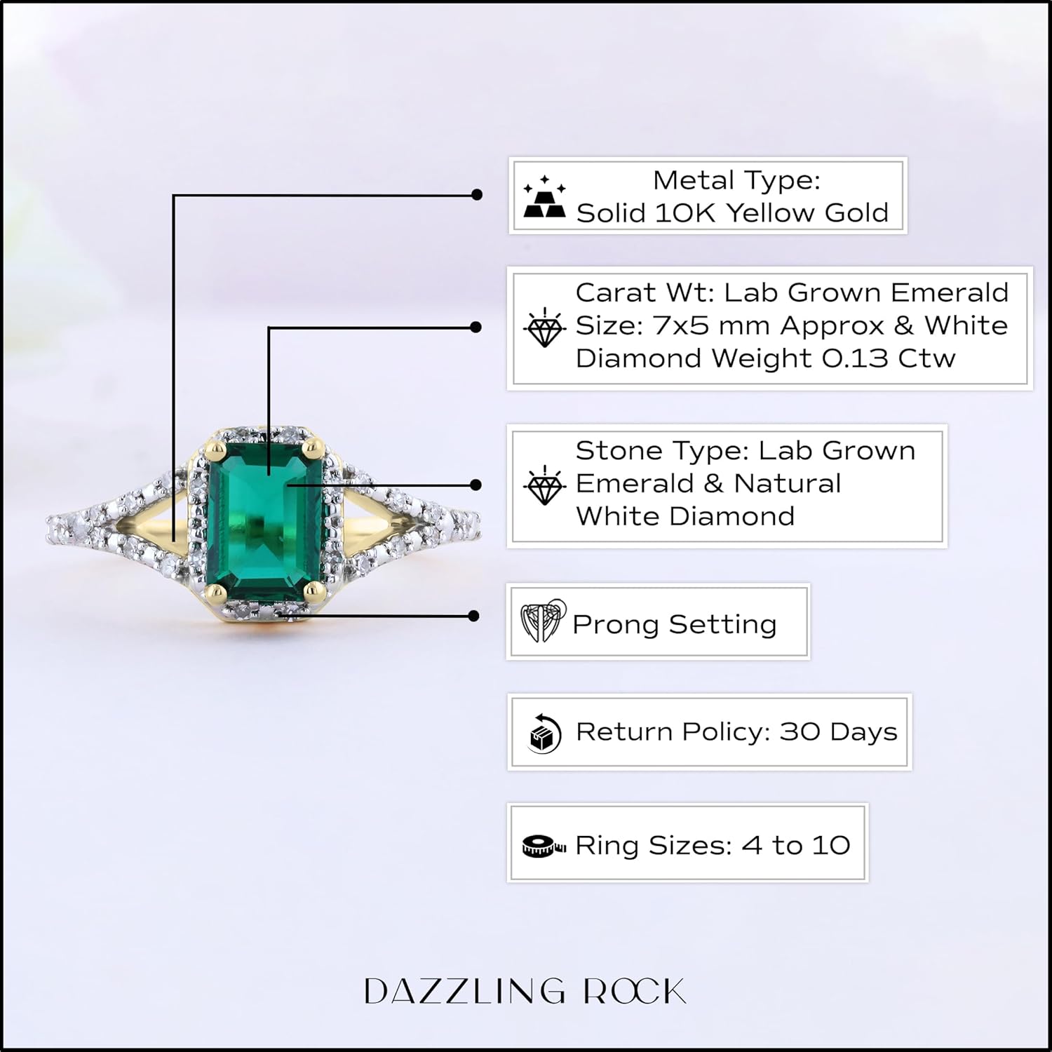 Dazzlingrock Collection 7x5mm Emerald Cut Lab Created Emerald & Round White Natural Diamond Halo Split Shank Engagement Ring for Women in Real Solid Gold