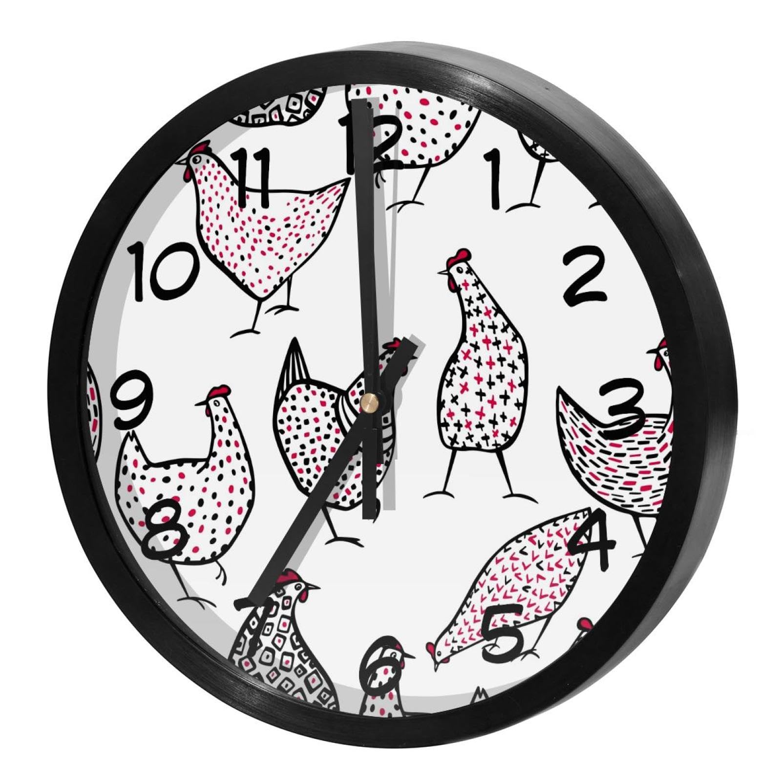 Horloge murale silencieuse à quartz motif poulets mouchetés dessin encre ronde