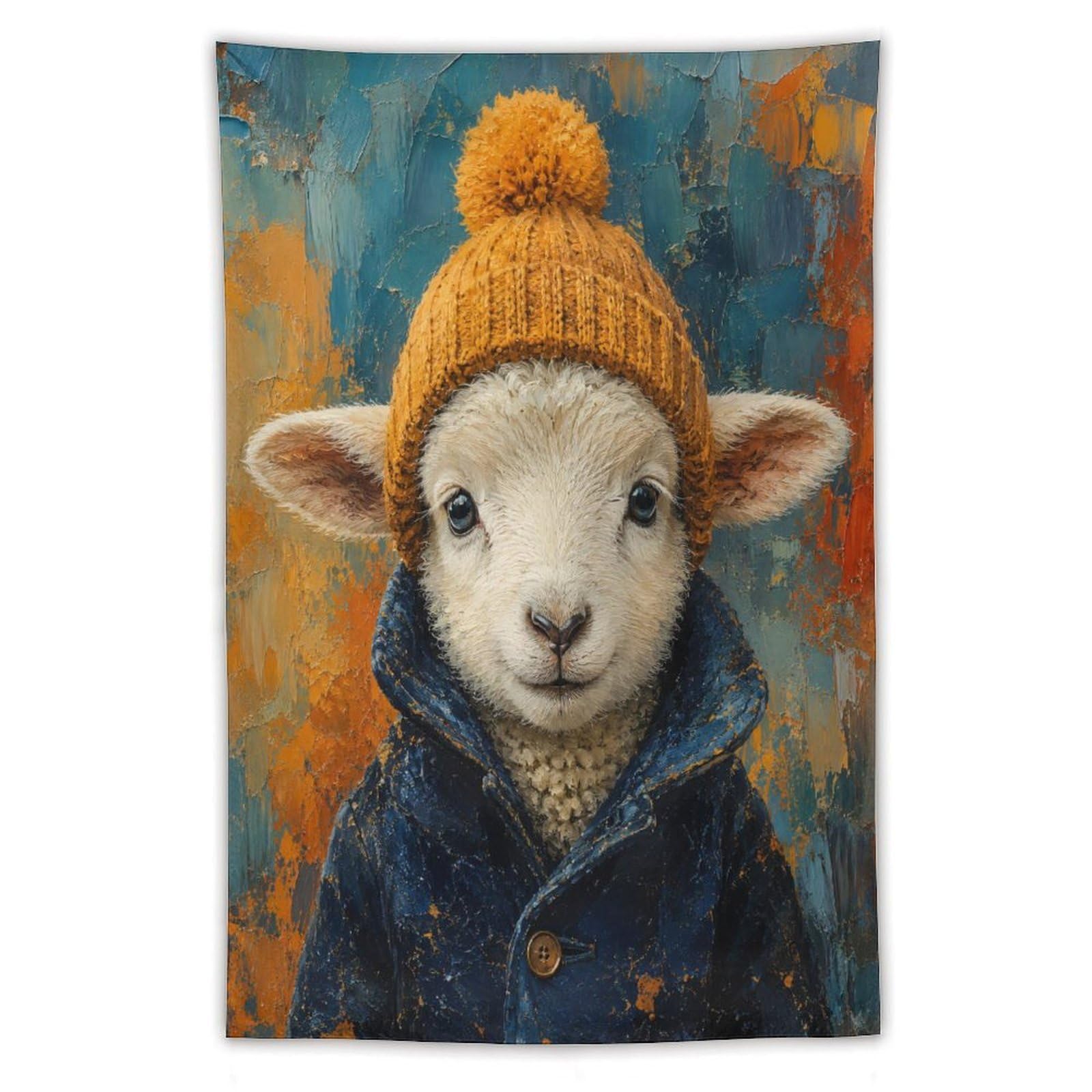 H3B8U2Y5 Lamb Winter Hat Portrait Wall Tapestry, Soft Snow Mood
