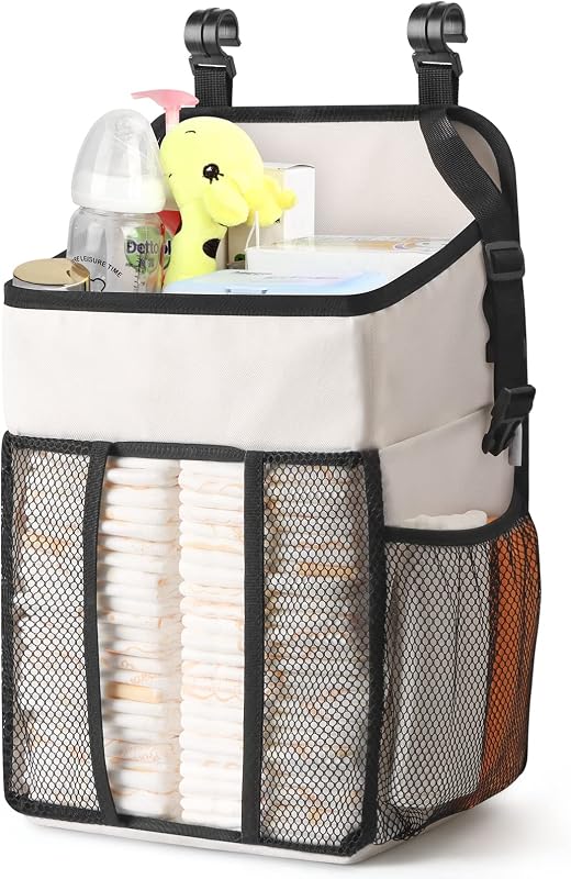 Hanging Diaper Caddy Organizer (Beige) | Caddy for Changing Table, Crib, Pack n' Play - Stacker Holds 52+ Diapers - Nursery Organizer & Baby Shower Gifts