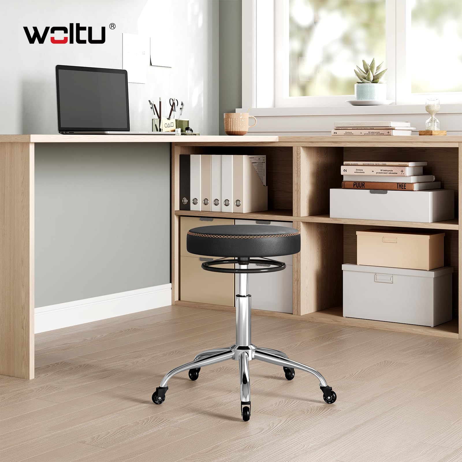 WOLTU Taburete con Ruedas, Taburete Oficina de PU, Negro | Silla de Trabajo, Altura Ajustable, Silla Giratoria para Masajes, Oficina, Clínica y Laboratorio