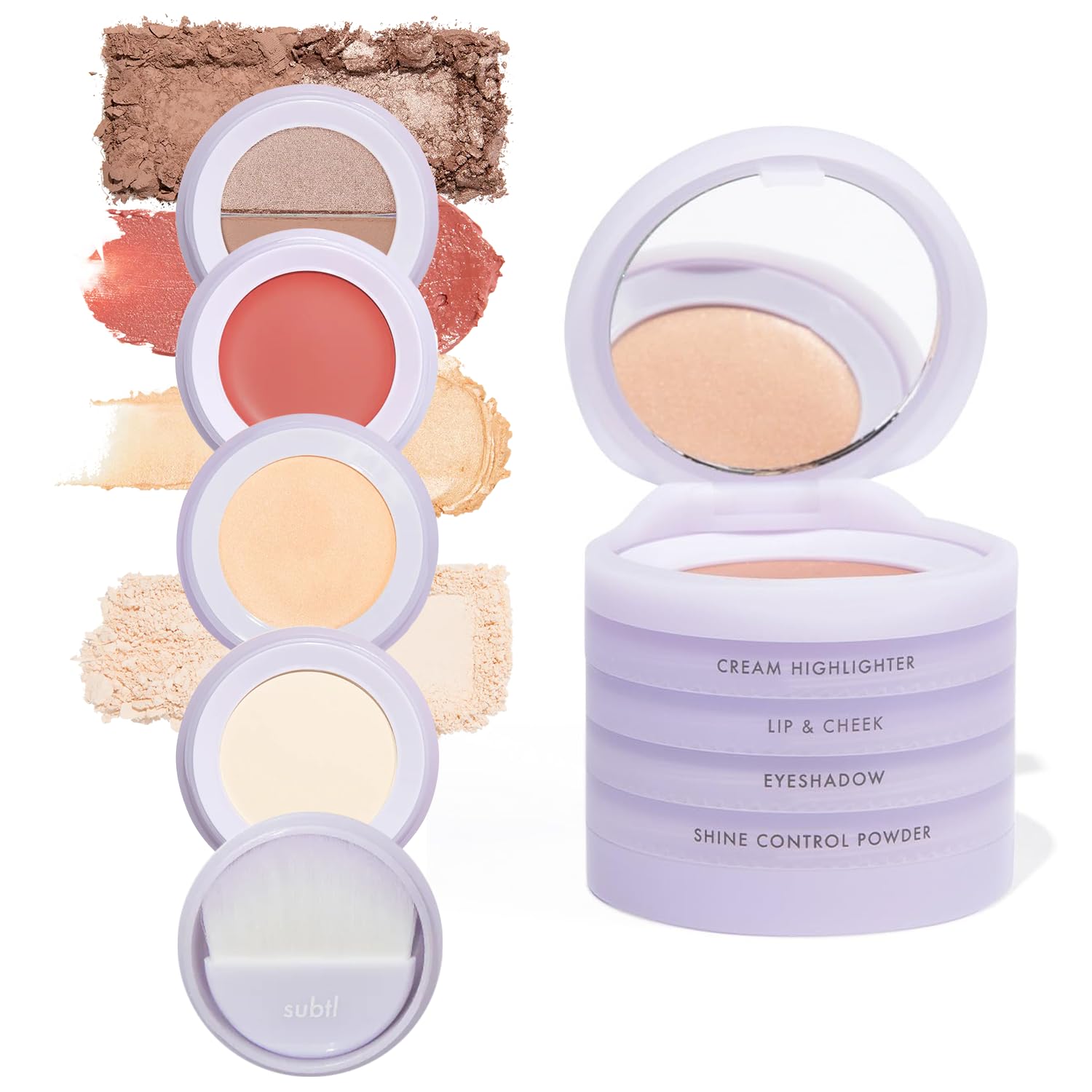 Subtl Staks 4-in-1 Travel Makeup Kit by Subtl Beauty - Eyeshadow Duo, Shine Control Powder, Cream Highlighter, Lip and Cheek - Includes Mirror Lid and