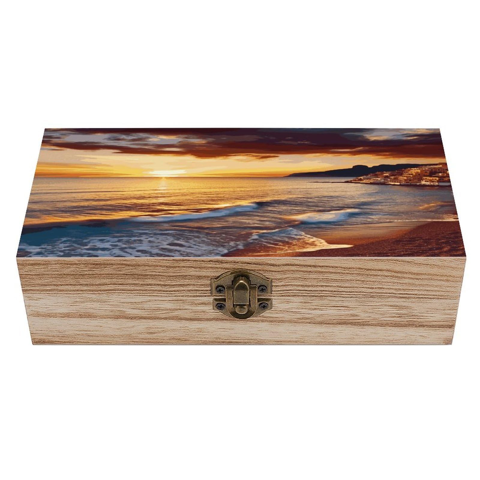 FekiLoot Seaside Sunset Wooden Jewelry Box Personalized Wood Keepsake Box Large Decorative Wooden Storage Boxes with Hinged Lid Rustic Style Wood Jewelry Organizer for Desk Home Office