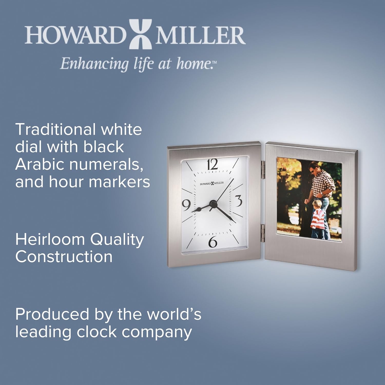 Howard Miller Envision Tabletop Clock, Decorative Desk and Shelf Clock with Photo Frame, Battery Operated Silent Non-Ticking Glass Crystal Clock for Modern Home Décor, Brushed Aluminum