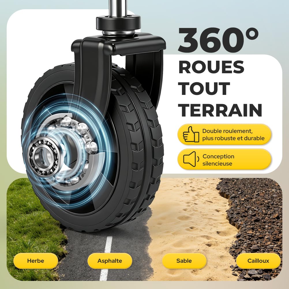 Chariot de Transport Pliable 120L, Montage sans Outil, Chariot Pliable de Jardin et Camping, 4 Roues Tout Terrain Détachables, Poignée Télescopique, pour Plage Jardinage Festival, Noir