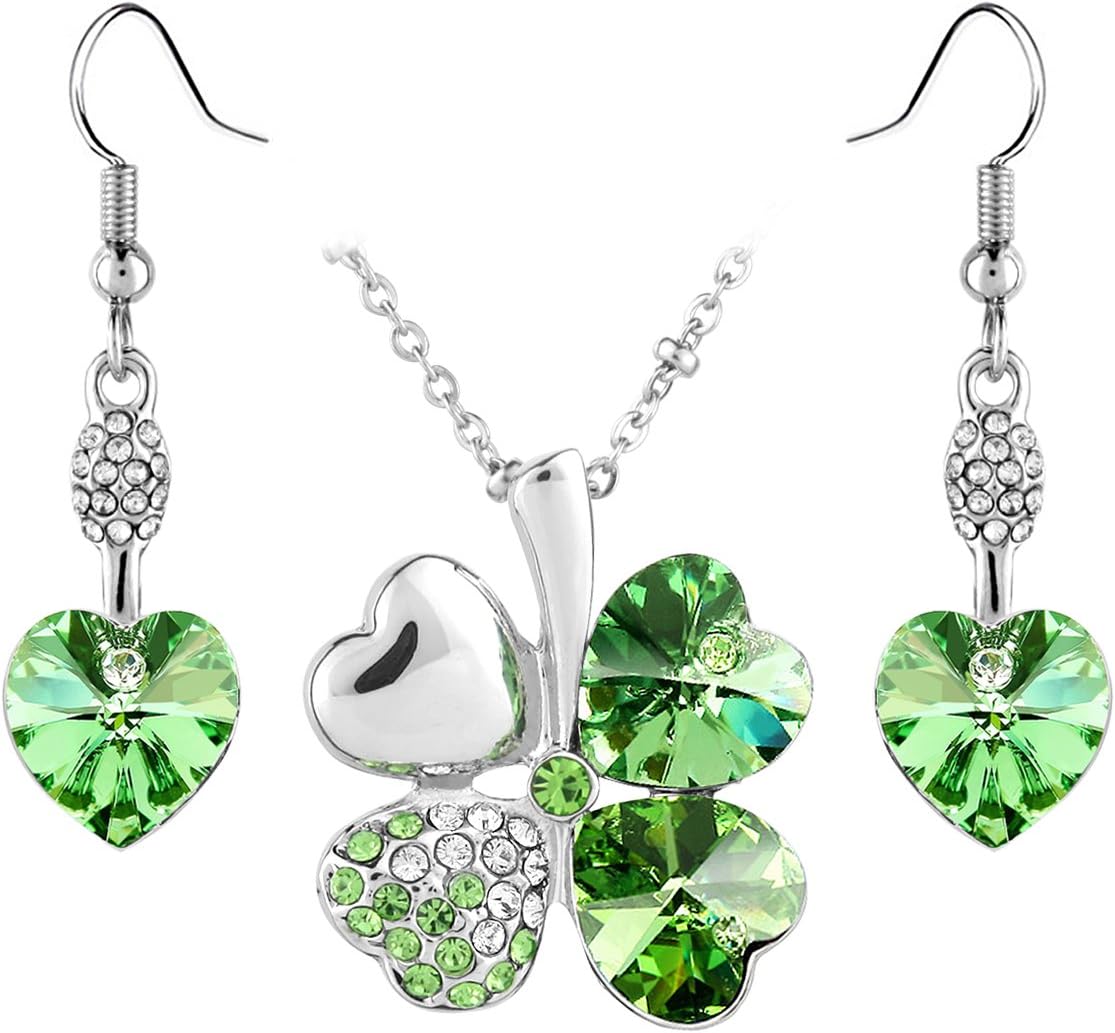 Le Premium Jewelry Set Clover Pendant Necklace+Dangle Earring Heart Shaped SWAROVSKI Peridot Green Crystals