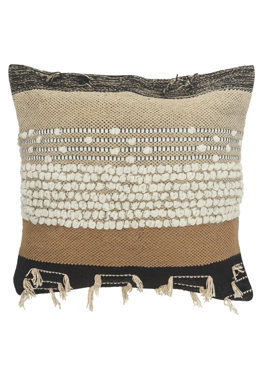 Handwoven Boho Cushion Cover 45 x 45 cm with Textured Cotton Fabric, Neutral Beige Black Decorative Throw Pillow Cover with Tassels for Sofa, Living Room, Bedroom, Modern Home Décor