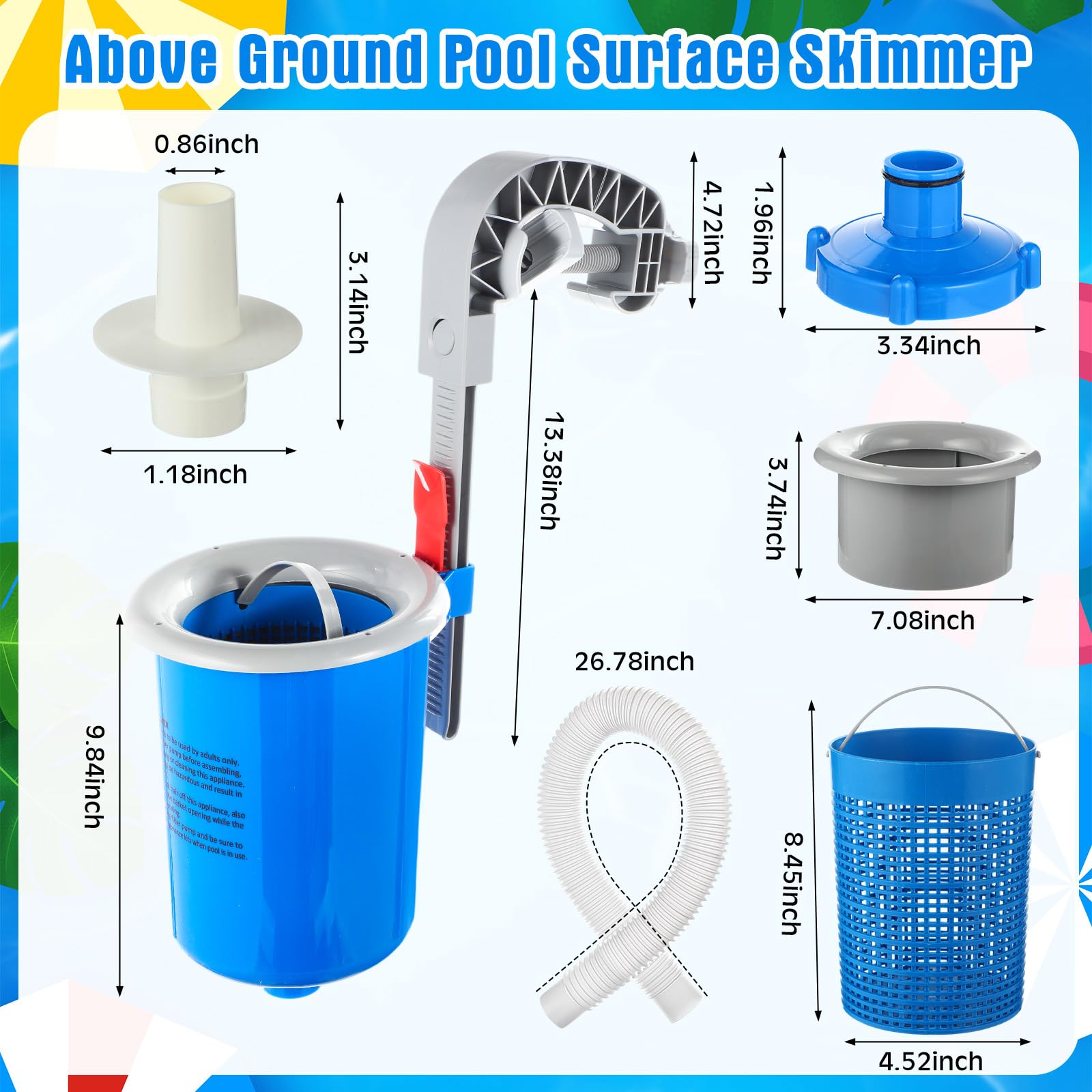 Tujoe Skimmer de superficie de piscina sobre el suelo con 30 calcetines de filtro de limpieza, skimmer de superficie de montaje en pared con manguera y cesta, se fija a collares inflables para el