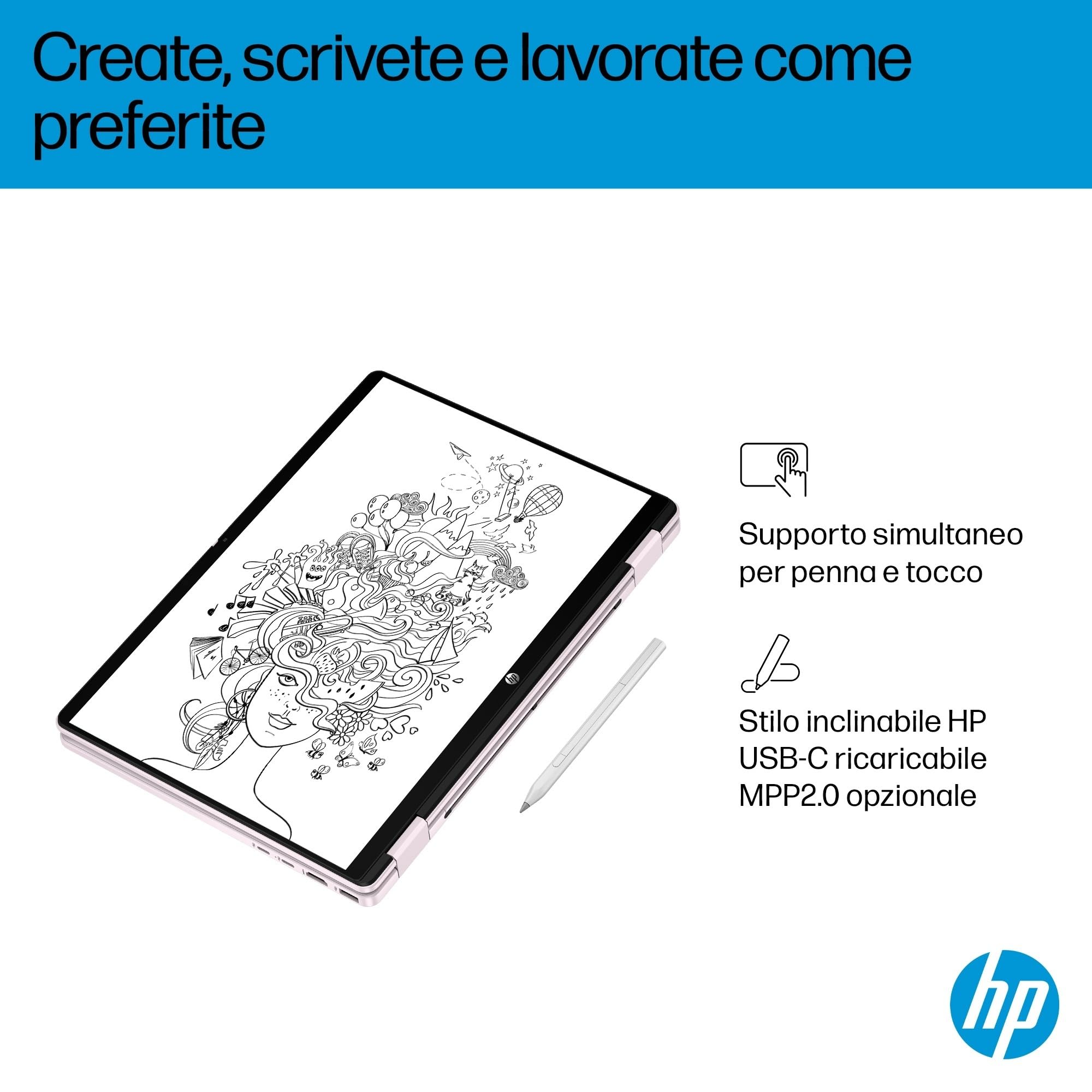 HP OmniBook 5 Flip 14-fp0003sl Notebook Intel Core 3 100U 8GB RAM 512GB SSD Windows 11 Convertibile Rosa Tastiera Italiana QWERTY