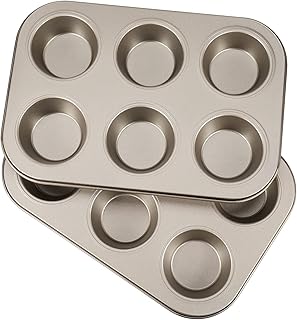 Flexzion Muffin Tray Cupcake Baking Pan 2 Pack, 6-Cup Nonstick Carbon Steel Muffin Tin Non-Stick Cupcake Tin Bakeware Accessories for Baking Cupcake Muffin Brownies Snack, Fridge Safe, Champagne Gold