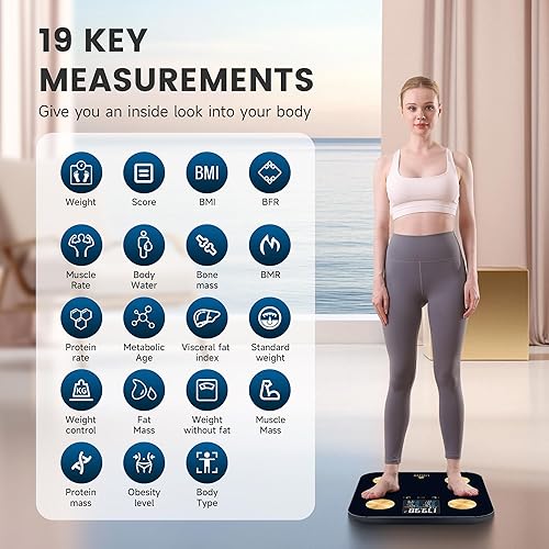 Miniatura 5 de EILISON Báscula inteligente con 4 electrodos y tecnología BIA, analizador de grasa corporal de alta precisión, pantalla táctil de visión nocturna a