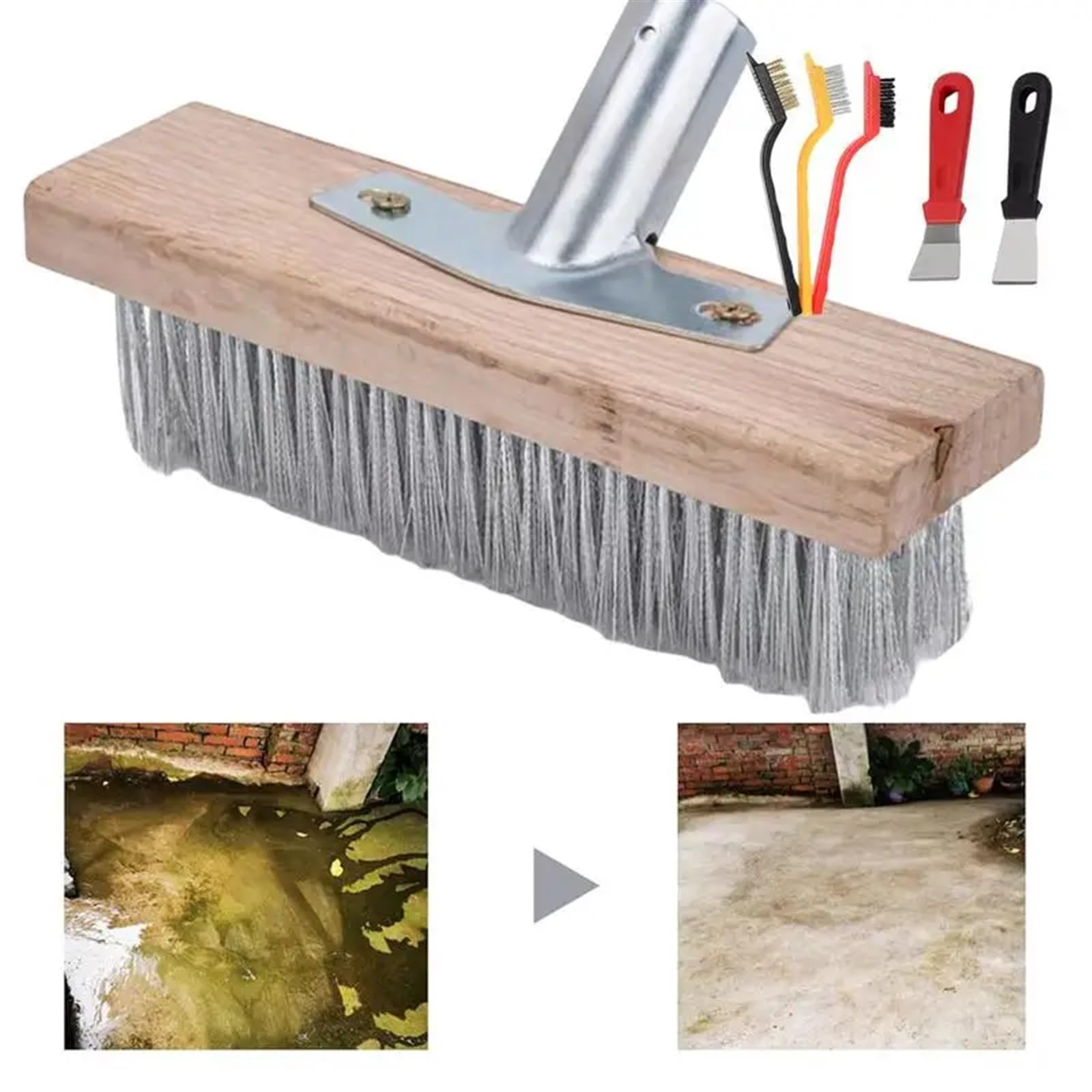 Besen mit Stiel Draußen Besen for den Außenbereich, robuster Stahlbesen for Reinigen, Metallbesen for Garten- und Terrassenbesen mit Holzgriff für Fliesen, Fugen, Bad, Terrasse, Garage(50cm)