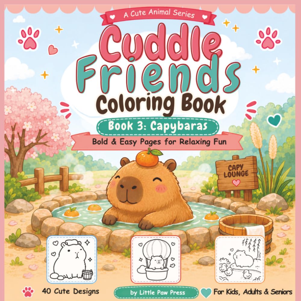 Cuddle Friends Coloring Book: Book 3 Capybaras: Bold and Easy Capybara Coloring Pages for Kids, Adults and Seniors