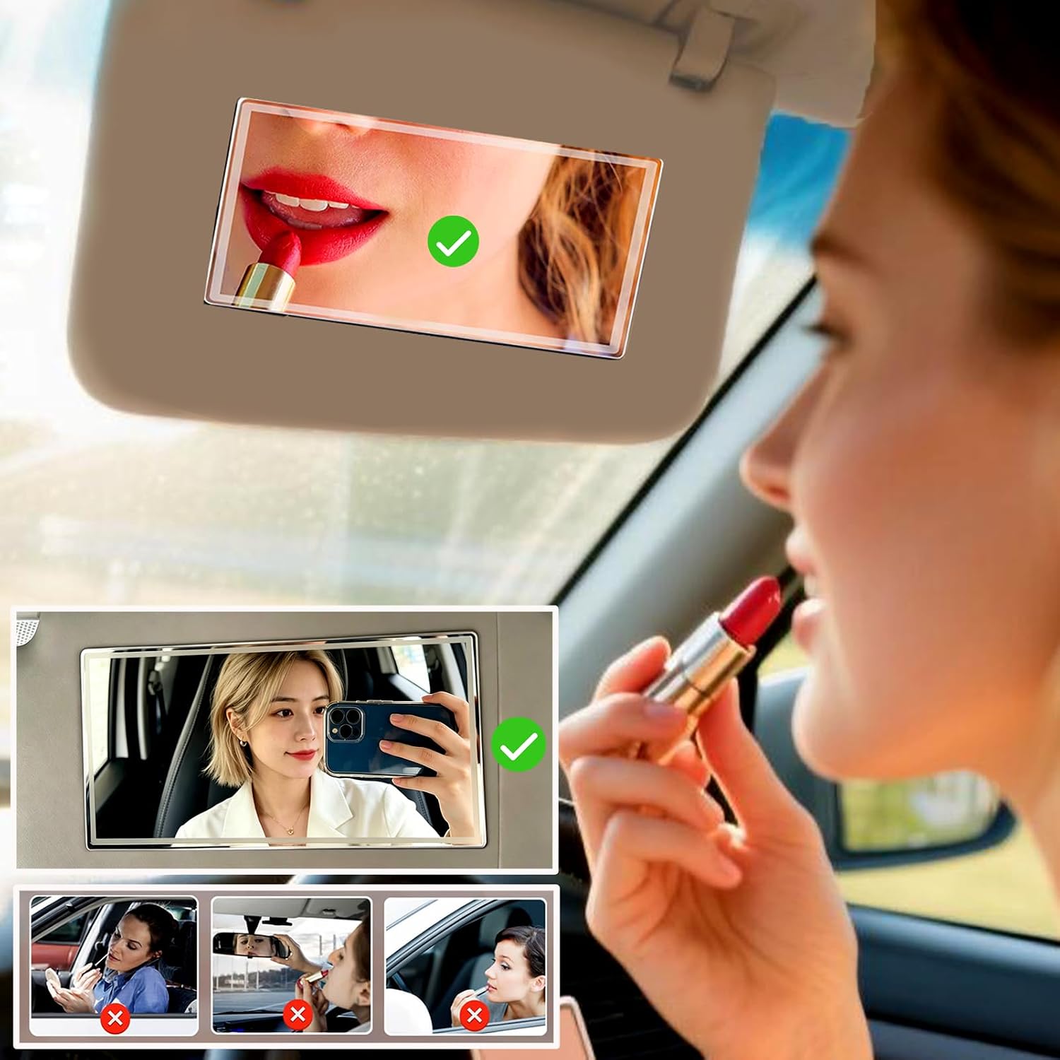 Auto Sun Visor HD Makeup Mirror,Portable Self-Adhesive Seatback Stainless Steel Universal Car Interior Cosmetic Mirror