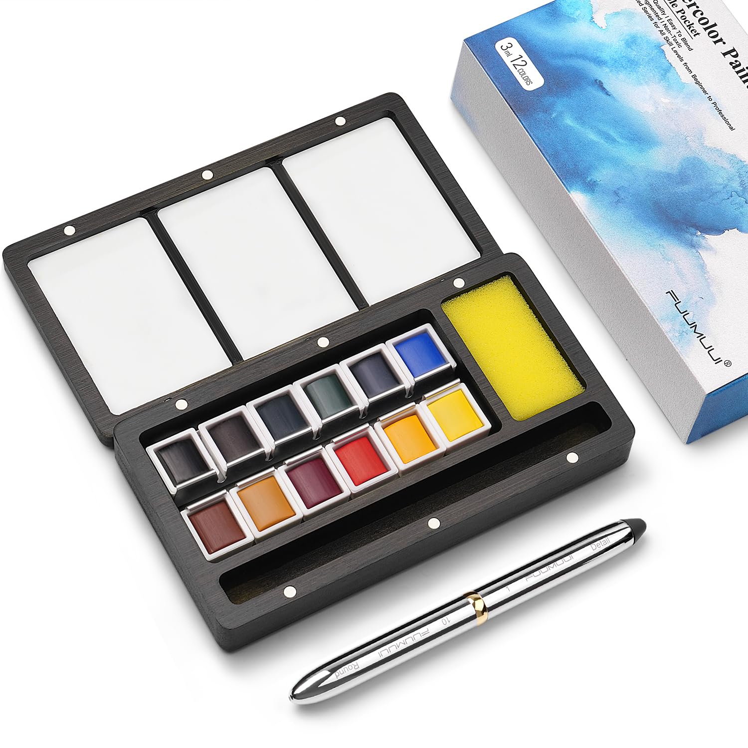 Fuumuui Watercolor Paint Set, 12 Watercolor Paints with Dual Tip Travel Watercolor Brushes Wooden Palette, Art Supplies for Painting, Travel Watercolor Set, Amateur Hobbyists