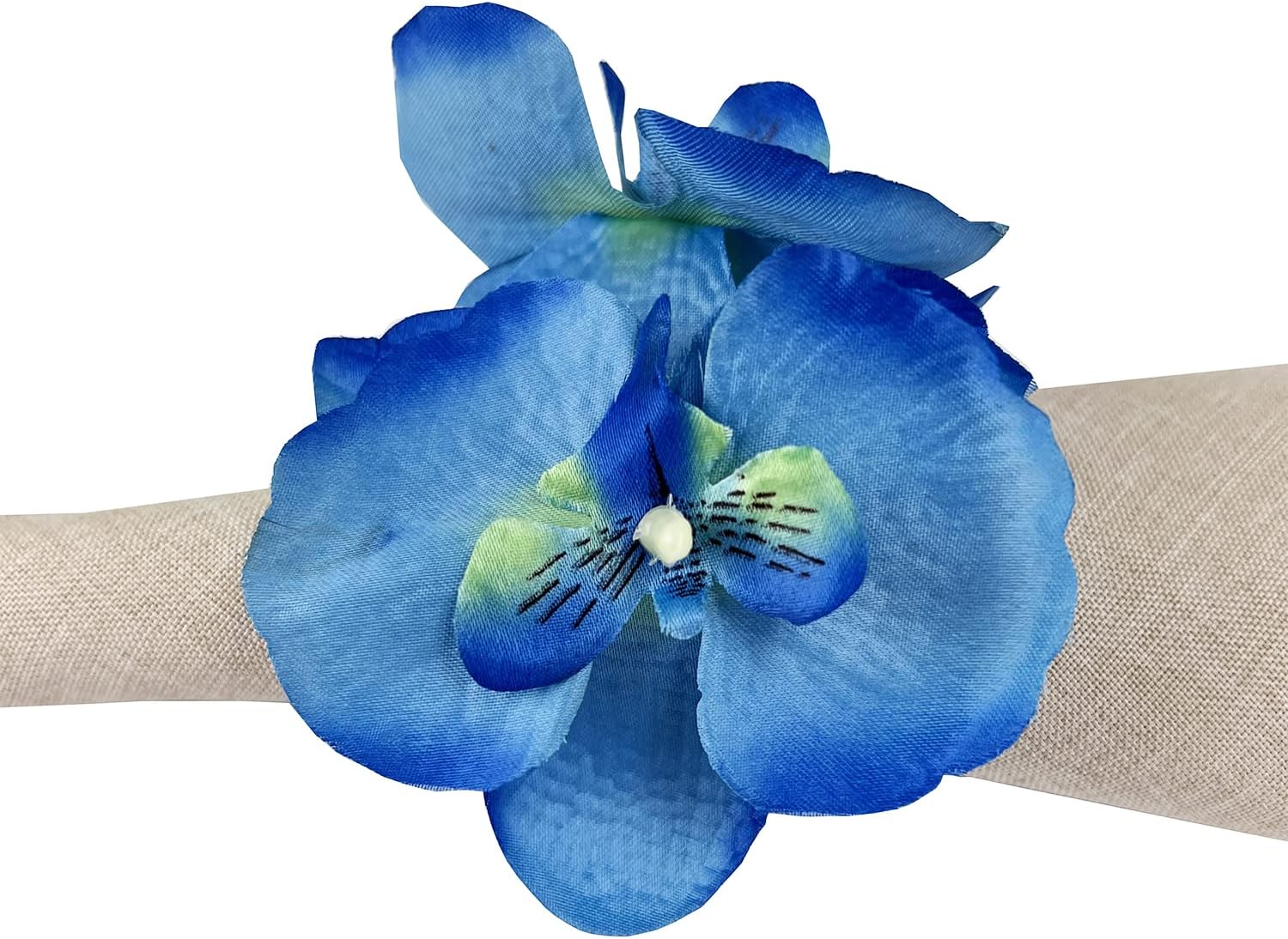 Fennco Styles Handmade Double Moth Orchid Decorative Napkin Rings, Set of 4 - Blue Flower Napkin Holders for Dining Table, Banquet, Wedding, Holiday Décor and Special Event