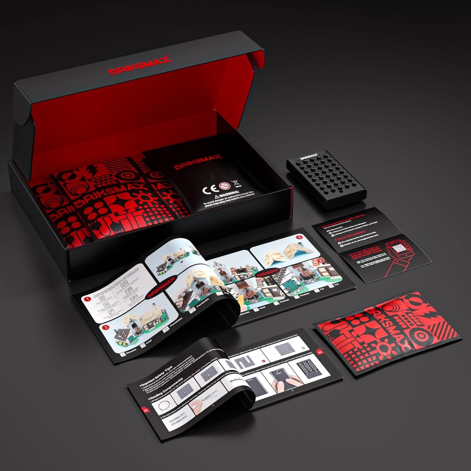 Contents of the BRIKSMAX LED Lighting Kit box, including light components, instruction manual, USB cable, and battery box.