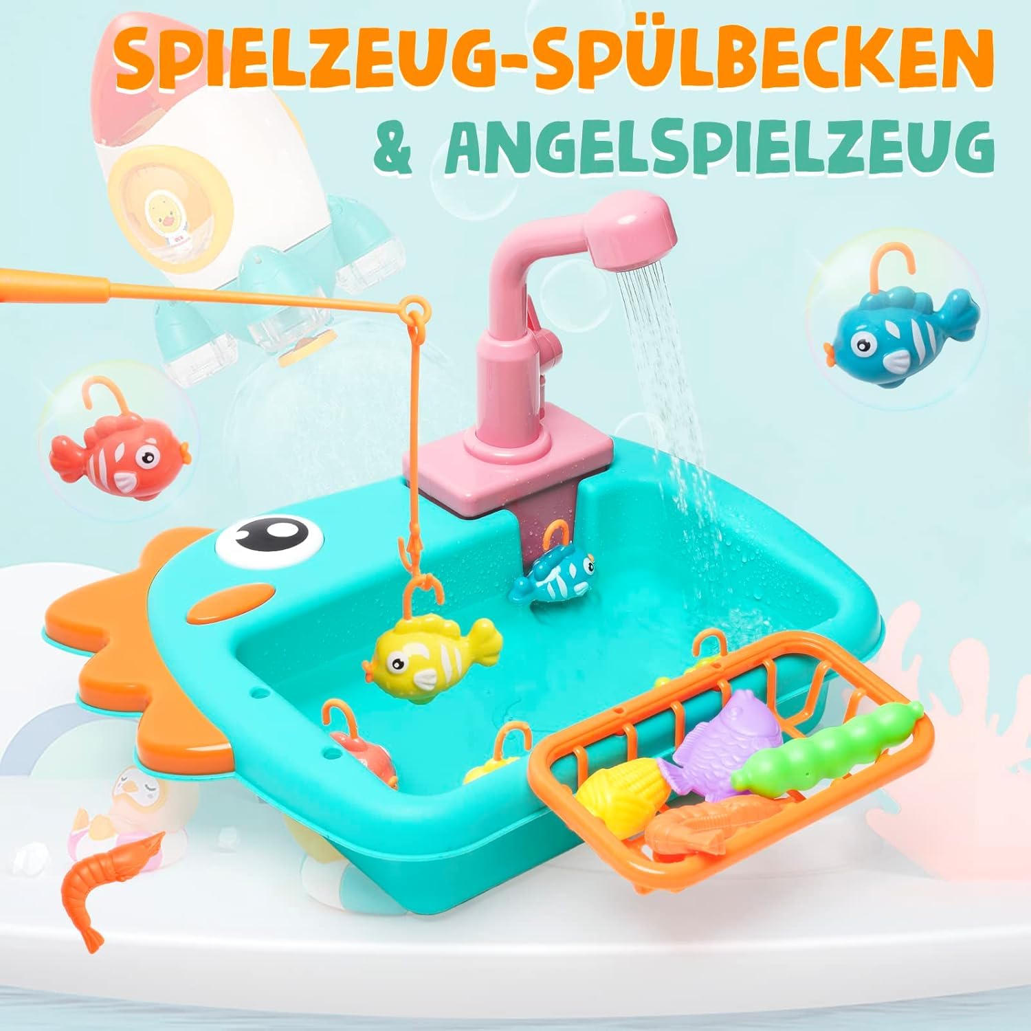 Lavandino Giocattolo con Acqua, Lavello per Bambini, Sistemi Automatici di Circolazione Dell'acquacon, Mini Lavastoviglie con Gioco di Pesca,Giocattoli di Ruolo per Ragazzi Ragazze,Verde