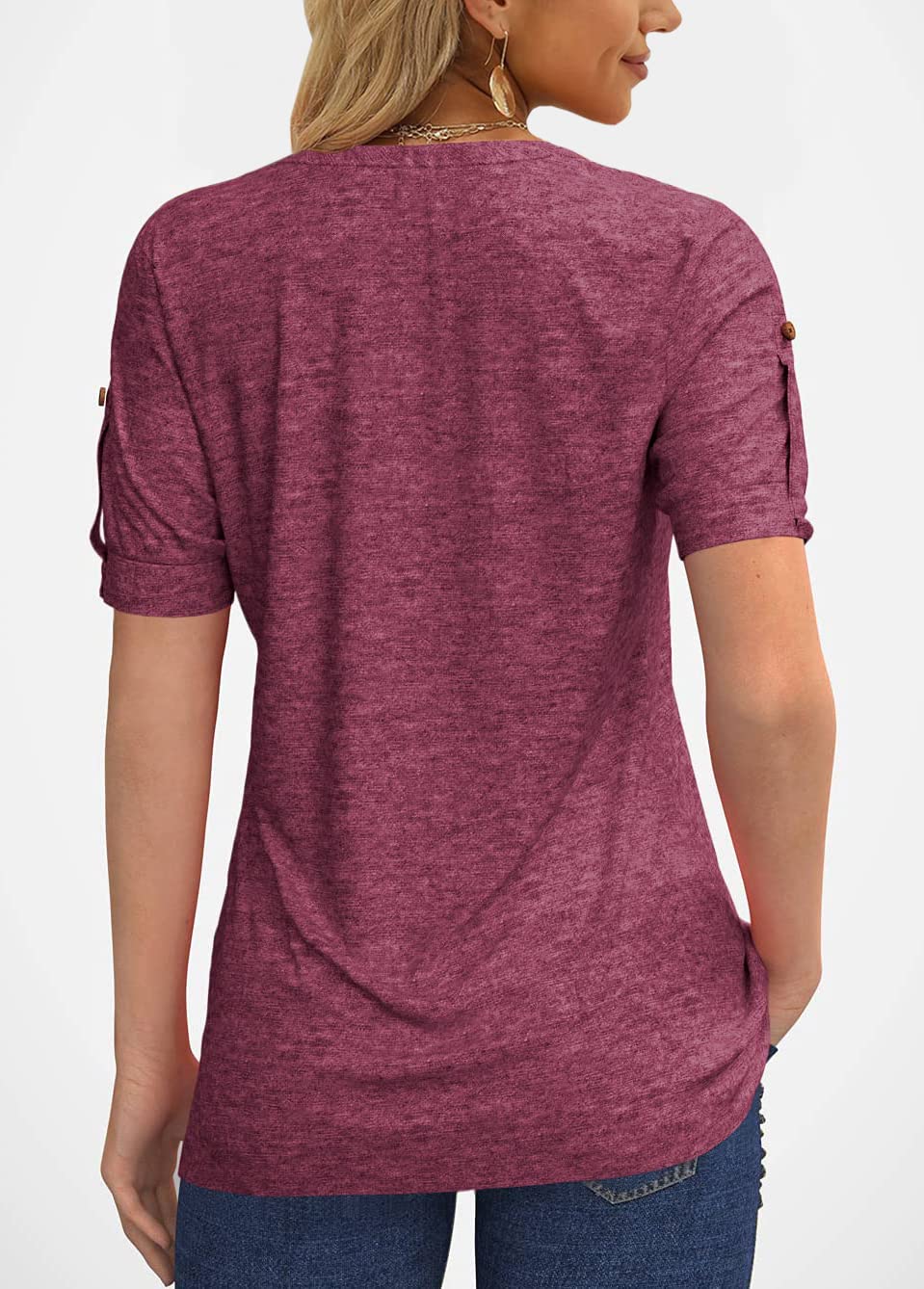 Women's fashion summer pleated button short sleeve T-shirt summer V-neck solid color casual Tunic top Purplish Red