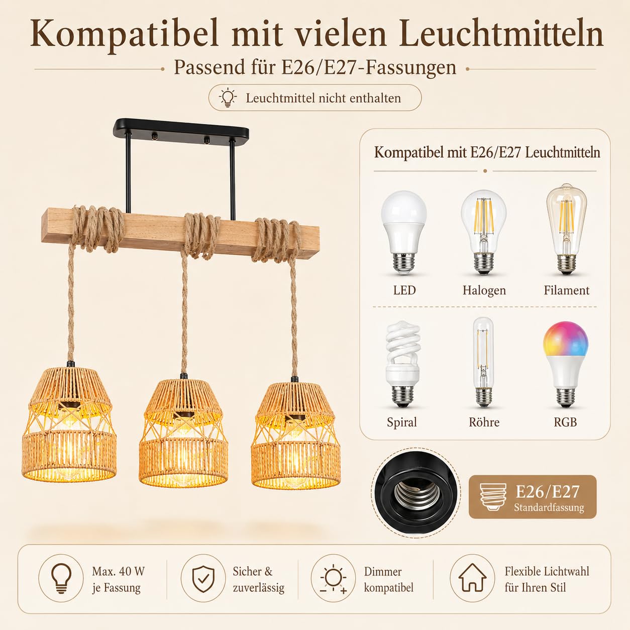 Pendelleuchte Esstisch Rattan 3-Flammig E27, Hängelampe Holz Boho Einstellbarer Winkel, Deckenlampe Boho Vintage Esstischlampe Hängend für Kücheninsel Wohnzimmer Esszimmer Landhausstil