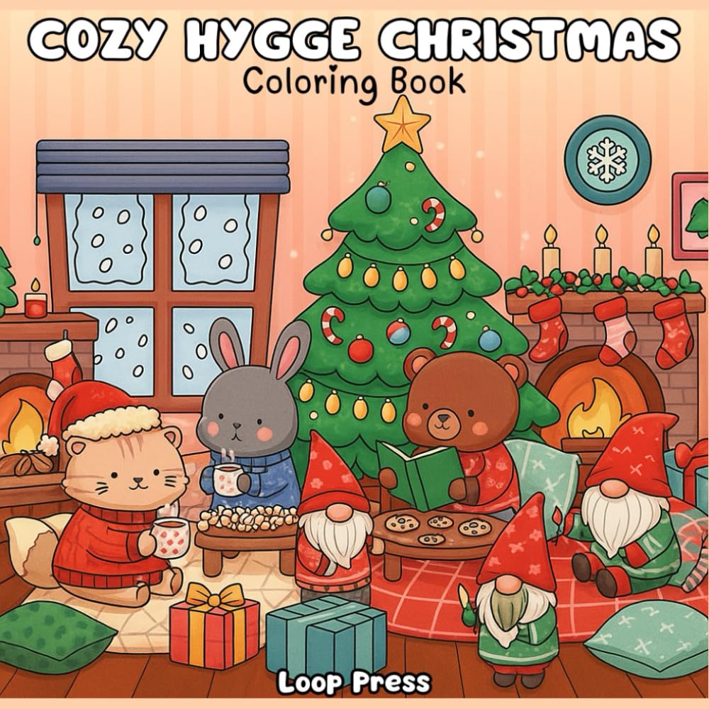 Cozy Hygge Christmas Coloring Book: Featuring Comfy Festive Holiday Winter Scenes with Adorable Animals Characters for Stress Relief