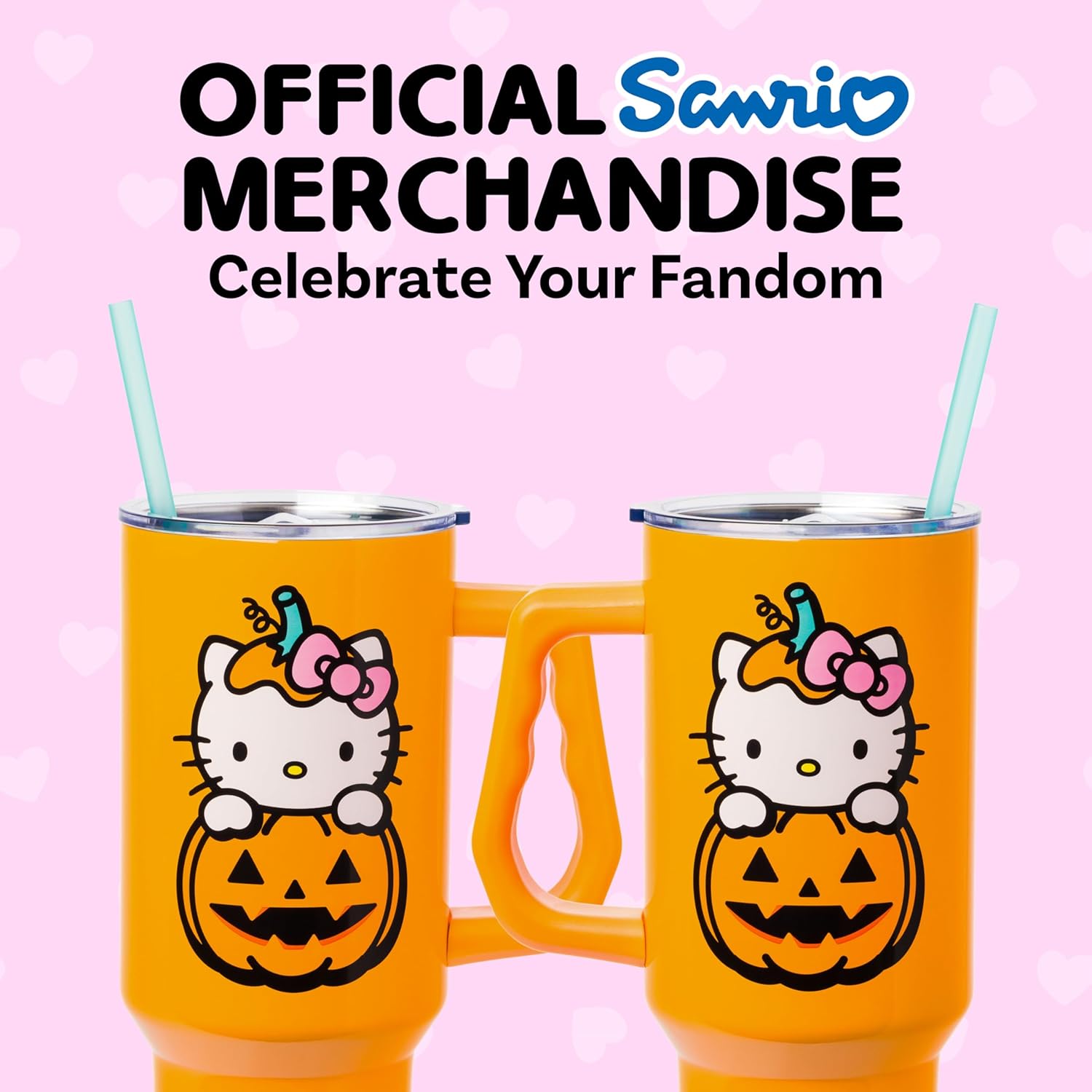Silver Buffalo Sanrio Hello Kitty Halloween Jack-O-Lantern Double Walled Stainless Steel Tumbler with Handle and Straw, Fits in Standard Cup Holder, 40 Ounces