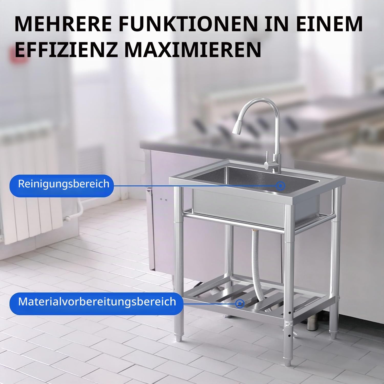 Küchenspüle Spültisch freistehend Edelstahl Waschbecken mit Schüssel Wasserhahn, Ablage, Kalt- Und Warmwasserleitung, Kommerzielles Spülenset für Küche, 70x50x86 cm