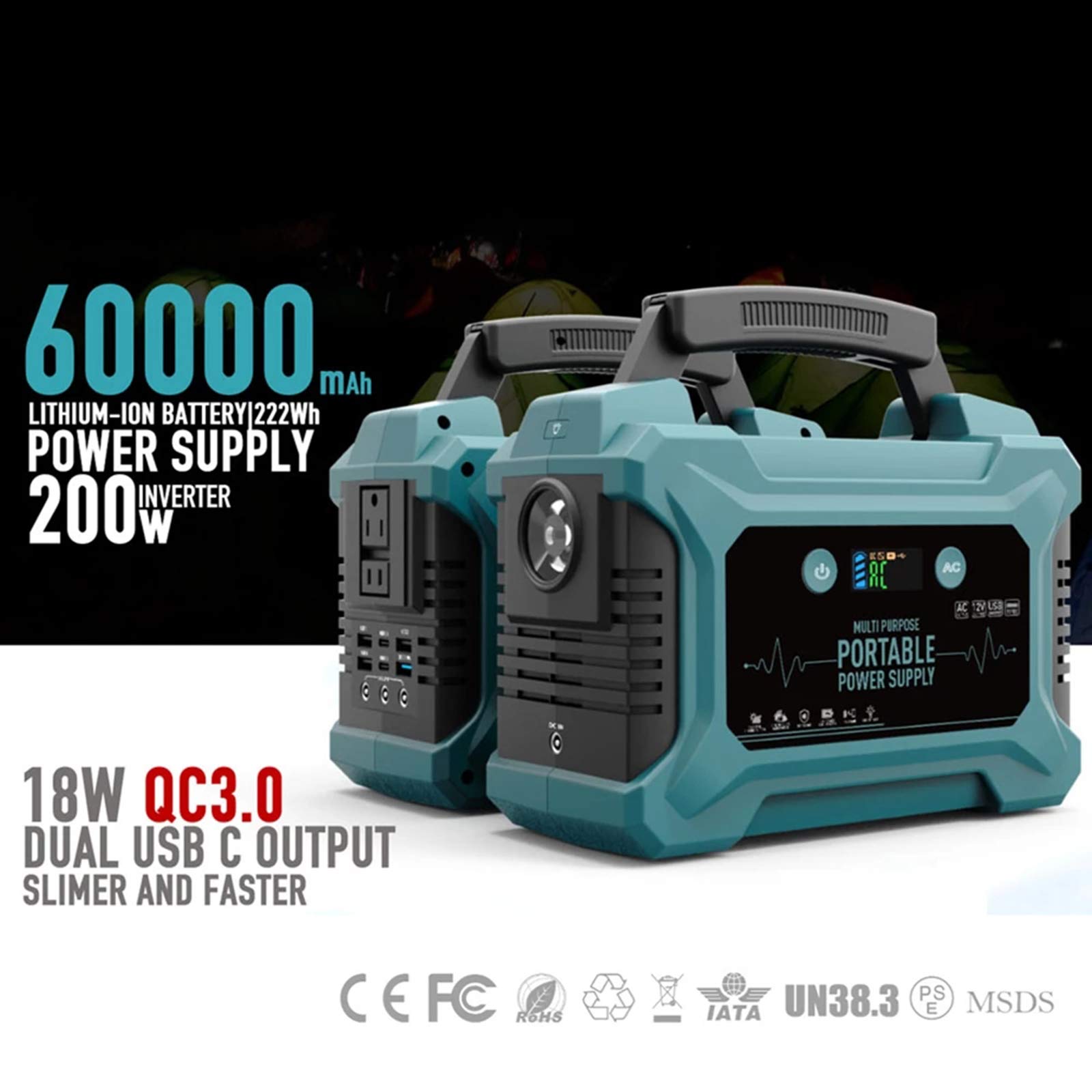 200W - 60000Mah Batería De Litio Recargable Del Generador Portátil - Fuente De Alimentación De Emergencia Con Linterna LED Power Bank Para CPAP Backup Camping