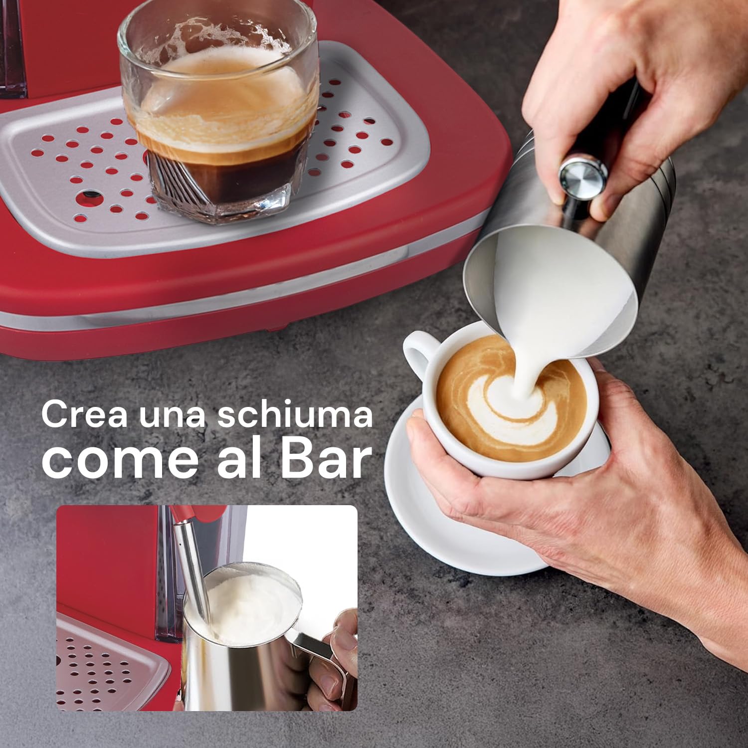 Avilia - Macchina Caffè Automatica 1100 W per Espresso e Cappuccino con Lancia Vapore, Compatibile con Cialde e Caffè Macinato, Serbatoio Rimovibile 1,2 L, Pressione 15 Bar