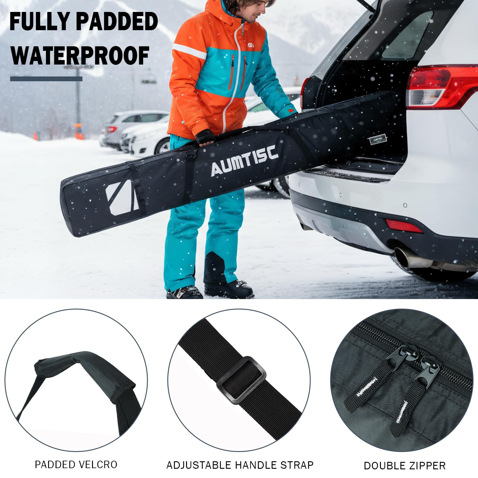 AUMTISC Ski Kit Bags Sac de Sport d'hiver de Voyage Unique Rembourré pour Transporter Les Skis Poche pour équipement avec poignée réglable