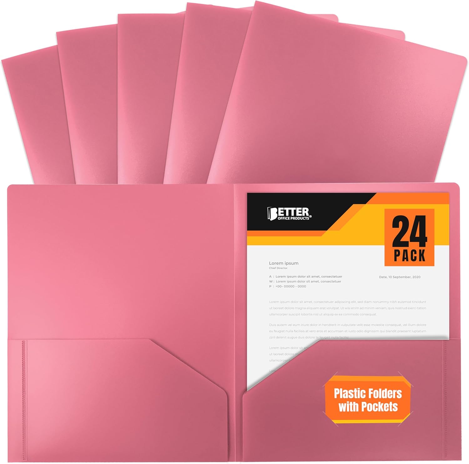 Better Office Products Heavyweight Plastic 2 Pocket Portfolio Folder, Letter Size Poly Folders 24 Pack (Red)