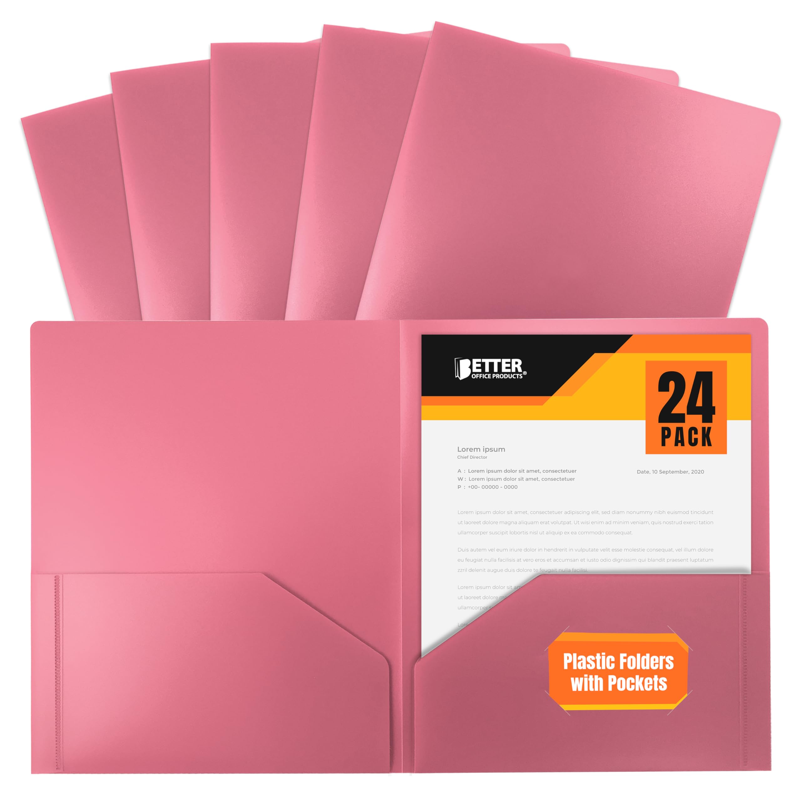 Better Office Products Heavyweight Plastic 2 Pocket Portfolio Folder, Letter Size Poly Folders, 24 Pack (Pink)