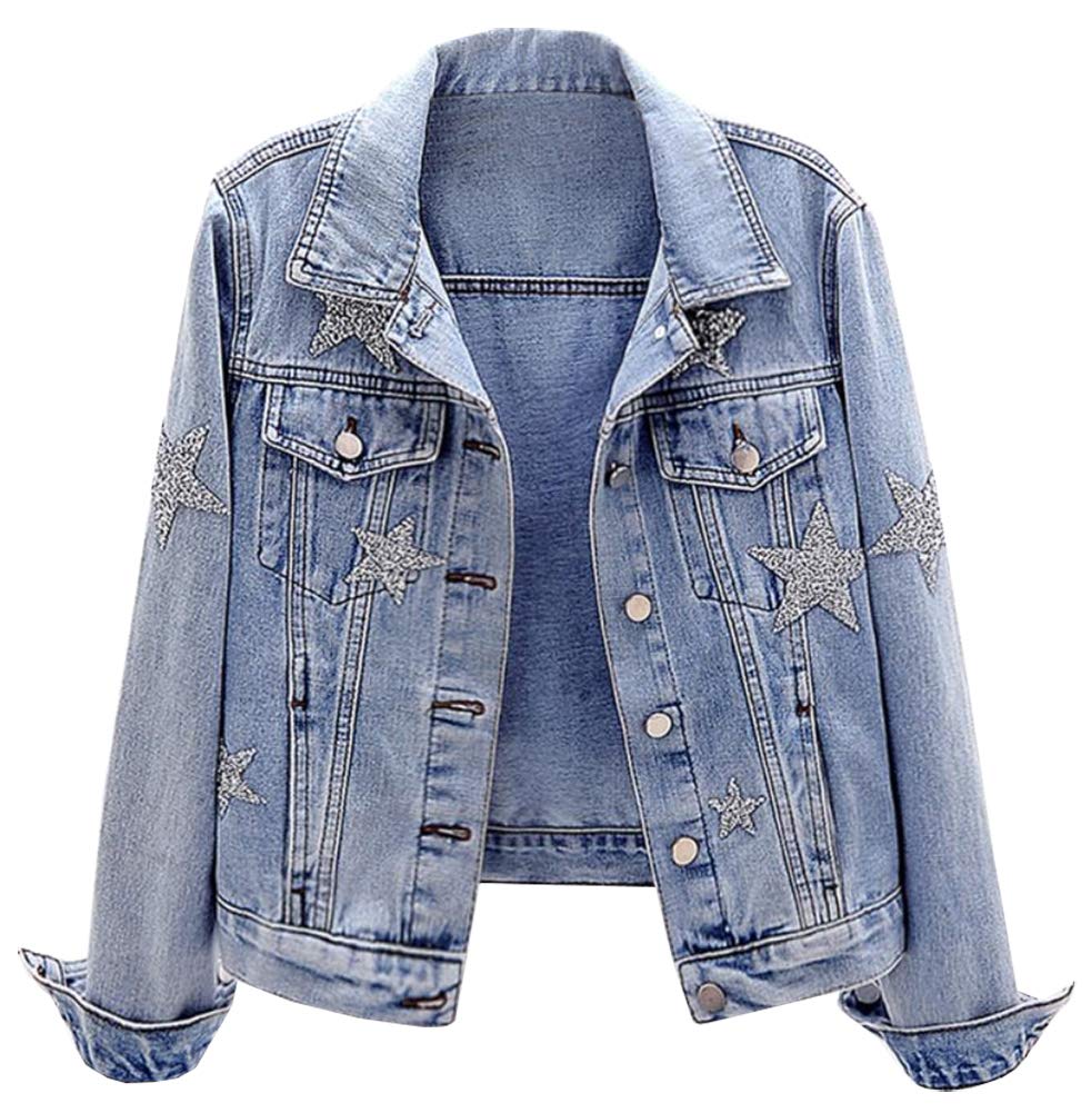 SCOFEEL Cropped Jean Jacket for Women Regular Fit Embellished Stars Denim Jacket Coat Light Blue, Small