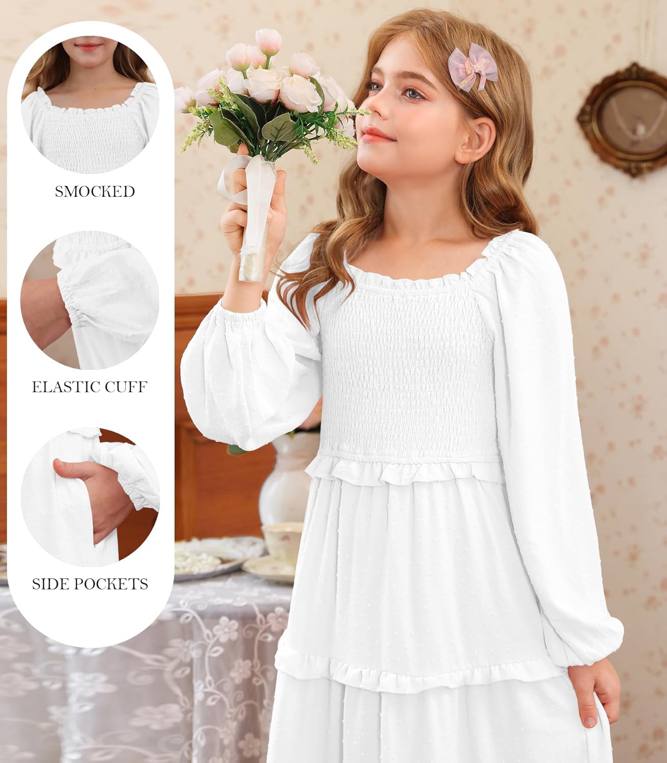 HOSIKA Girls Fall Long Sleeve Swiss Dot Smocked A-Line Ruffle Tiered Flowy Maxi Dress with Pockets 6-12 Years