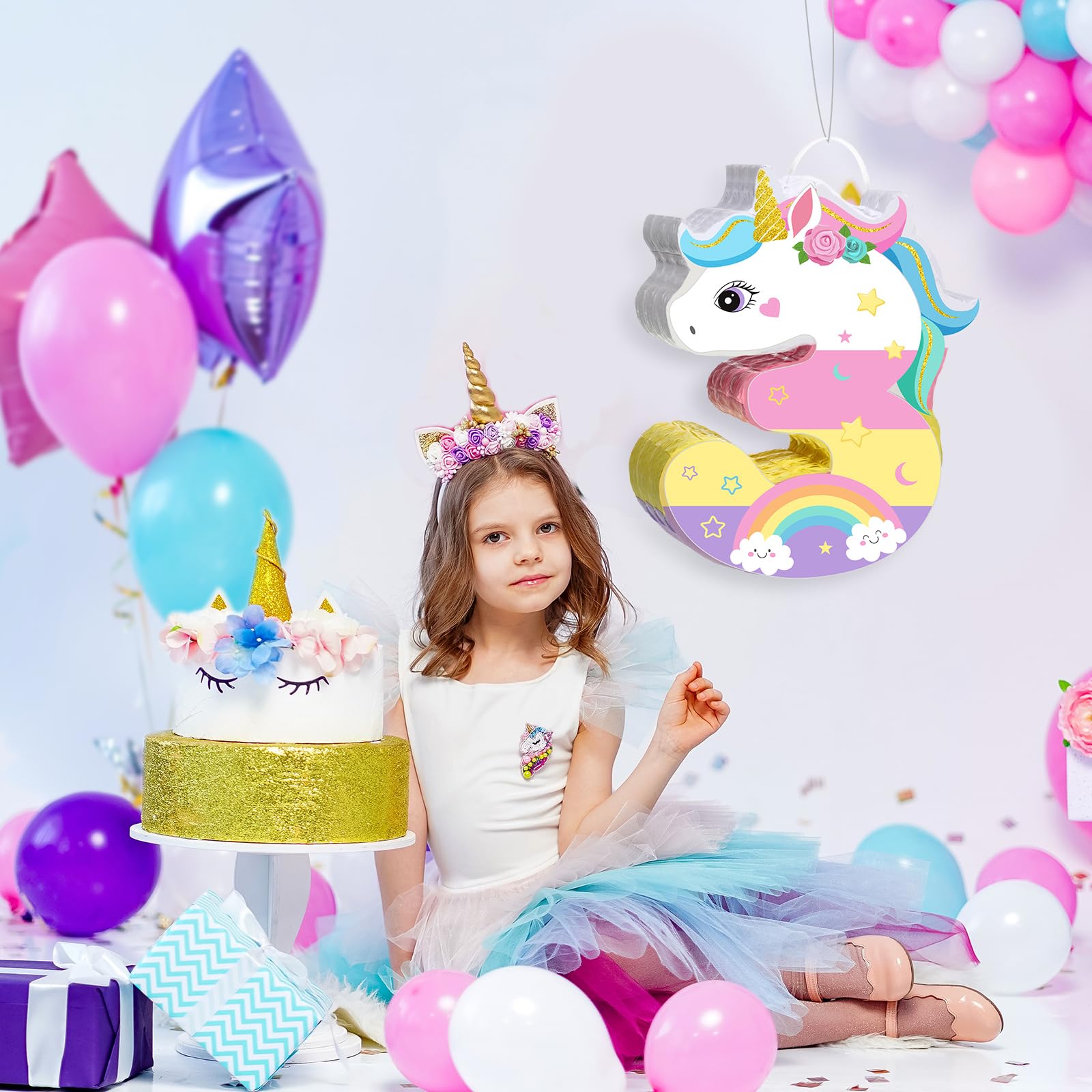 Pinata de Licorne pour 3ème Anniversaire de Fille Pinata en Forme de Numéro 3 avec Bâton Bandeau des Yeux Confettis pour Décorations de Fête de 3ème Anniversaire