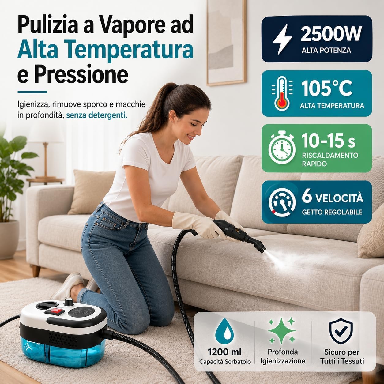 Pulitore a Vapore Portatile 2500W ad Alta Pressione – 6 Velocità Regolabili, Serbatoio 1200 ml, 3 Testine Incluse – Ideale per Casa, Cucina, Bagno, Finestre e Auto