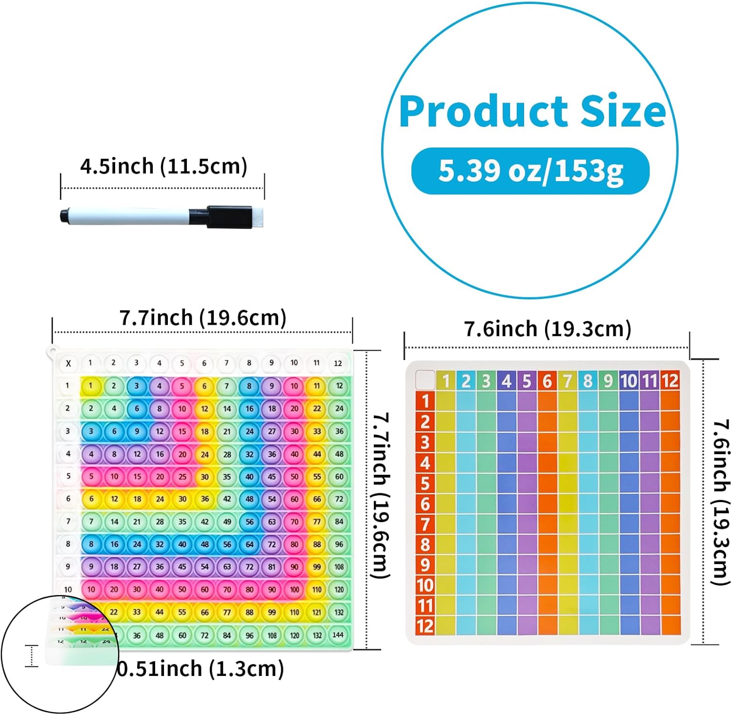 12x12 Multiplication Chart Press Bubble Sensory Toy, Fidget Educational Math Learning Tool for Kids, Stress Relief, Help Children Learn Times Tables Easily, Suitable for School or Home