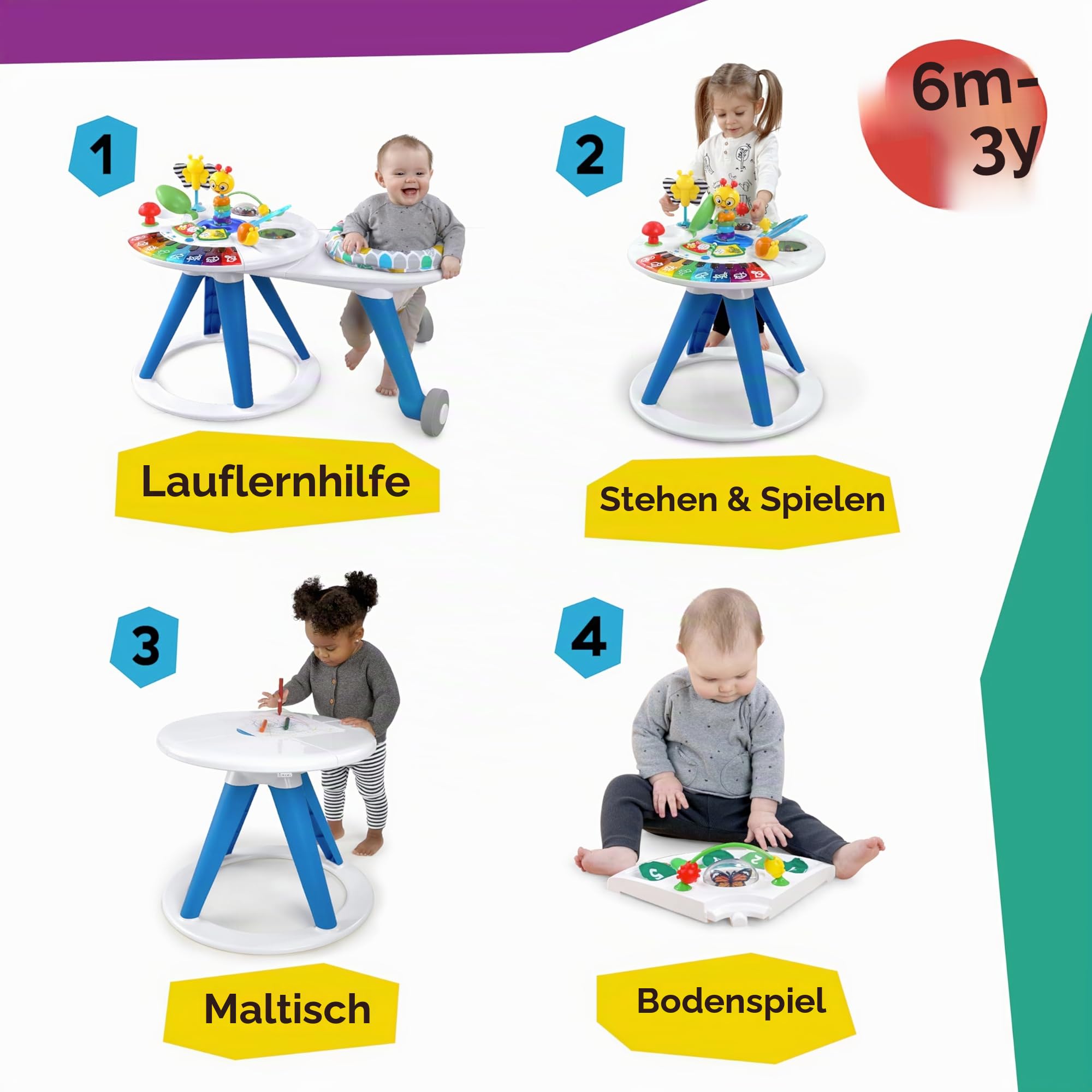 Baby Einstein Around We Grow 4-in-1 Spieltisch & Lauflernhilfe mit Lichtern & Musik, 15 Aktivität Spielzeug, höhenverstellbar, ab 6 Monaten