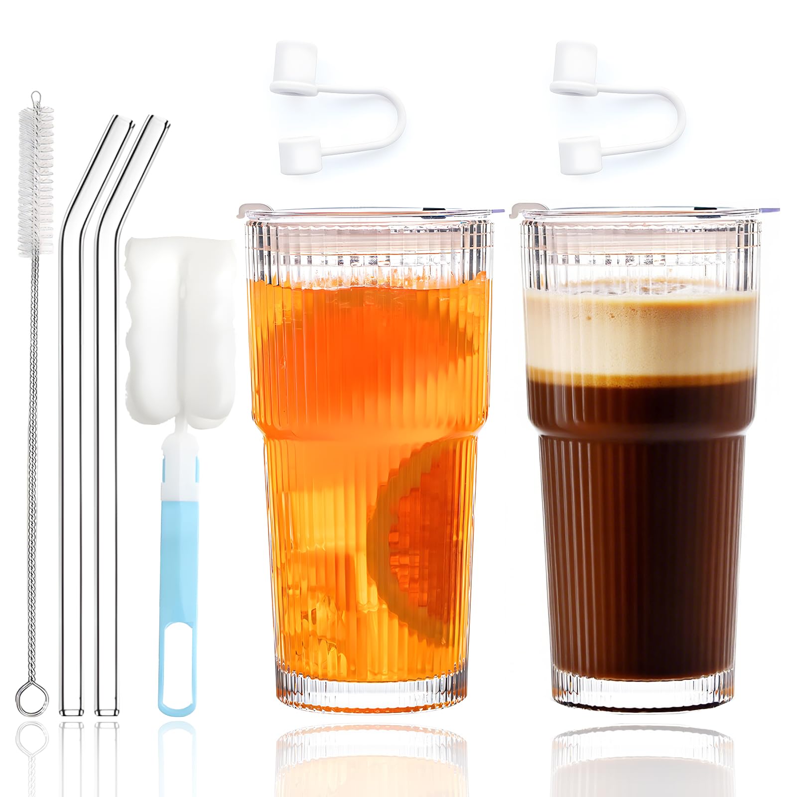 Iced Coffee Cup, 2 PCS 600ml/ 20oz Glass Tumblers with Straws and Lids, Iced Coffee Glasses for Long Drinks, Water, Cocktail, Whiskey, Soda, Iced Coffee, Tea, Straws and Brush for Travel or Home