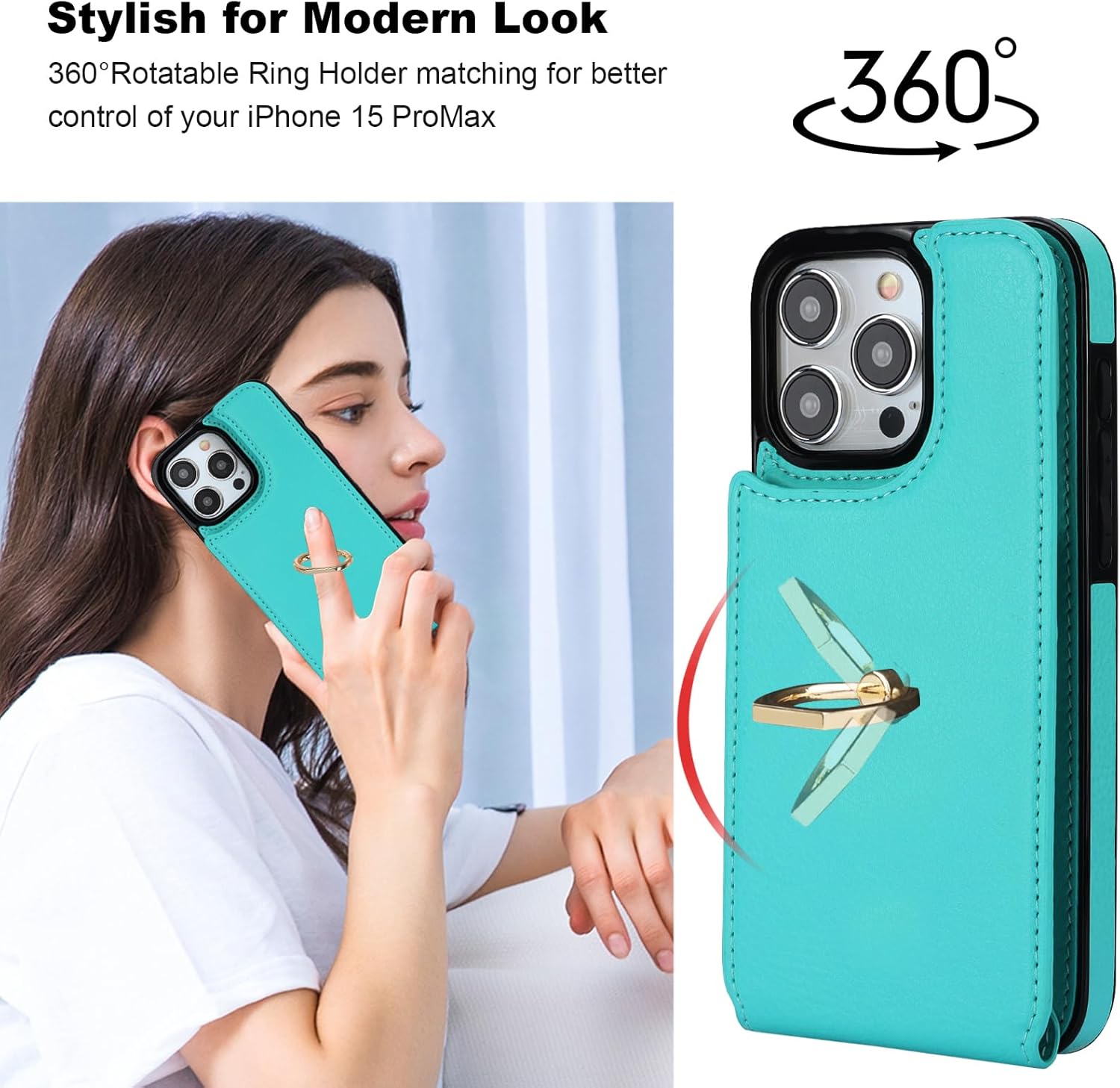 Folosu Compatible with iPhone 15 Pro Max Case Wallet with Card Holder, 360°Rotation Finger Ring Holder Kickstand, RFID Blocking Leather Protective Double Buttons Shockproof Cover 6.7 Inch Green - Image 3