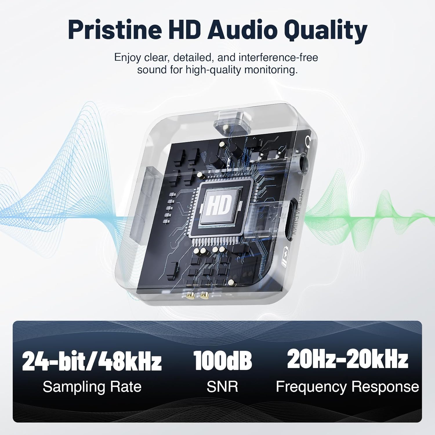 Graphic representing the pristine HD audio quality of the MELONARE PM-2 with specifications like 24-bit/48kHz sampling rate and 100dB SNR.