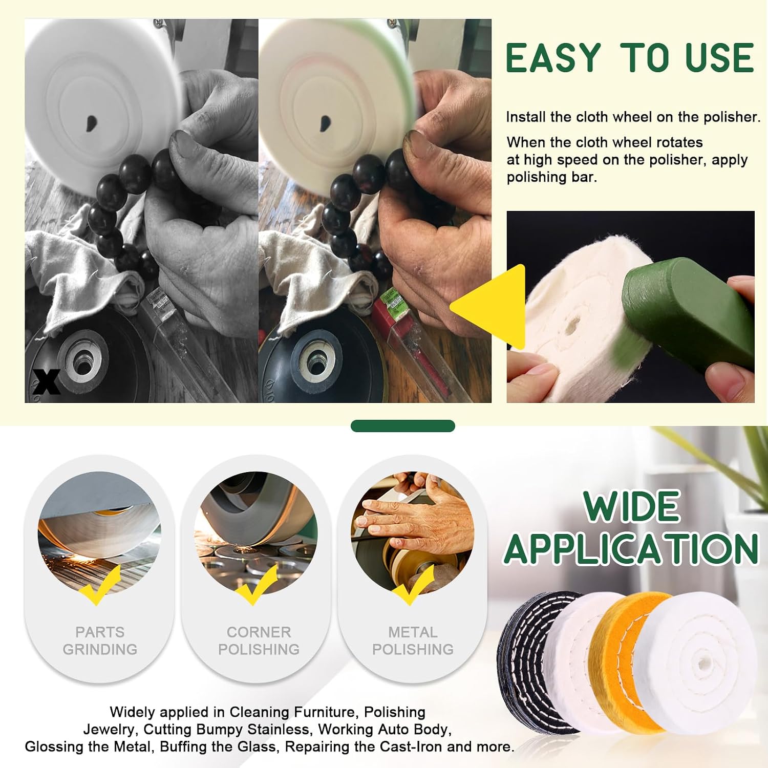 Keadic 8Pcs 4inch Buffing Polishing Wheel Kit Includes Polishing Bars, Buffer Wheels for Polishing and 1/2" Arbor Hole, Polishing Pad Buffing Wheel Kit, Buffer Polisher for Bench Grinder